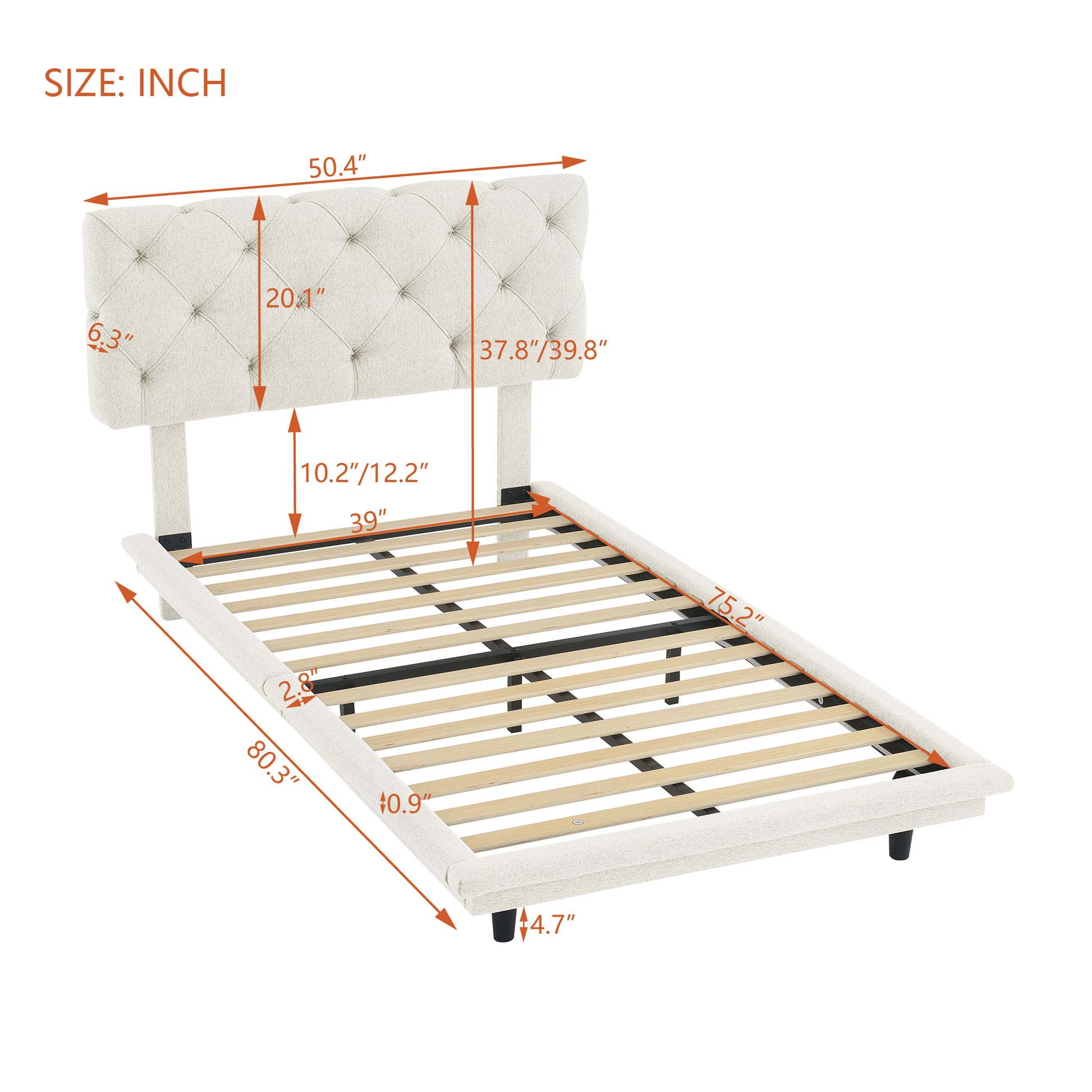 Twin Size Upholstered Bed With Light Stripe, Floating Platform Bed, Linen Fabric,Beige Beige Linen