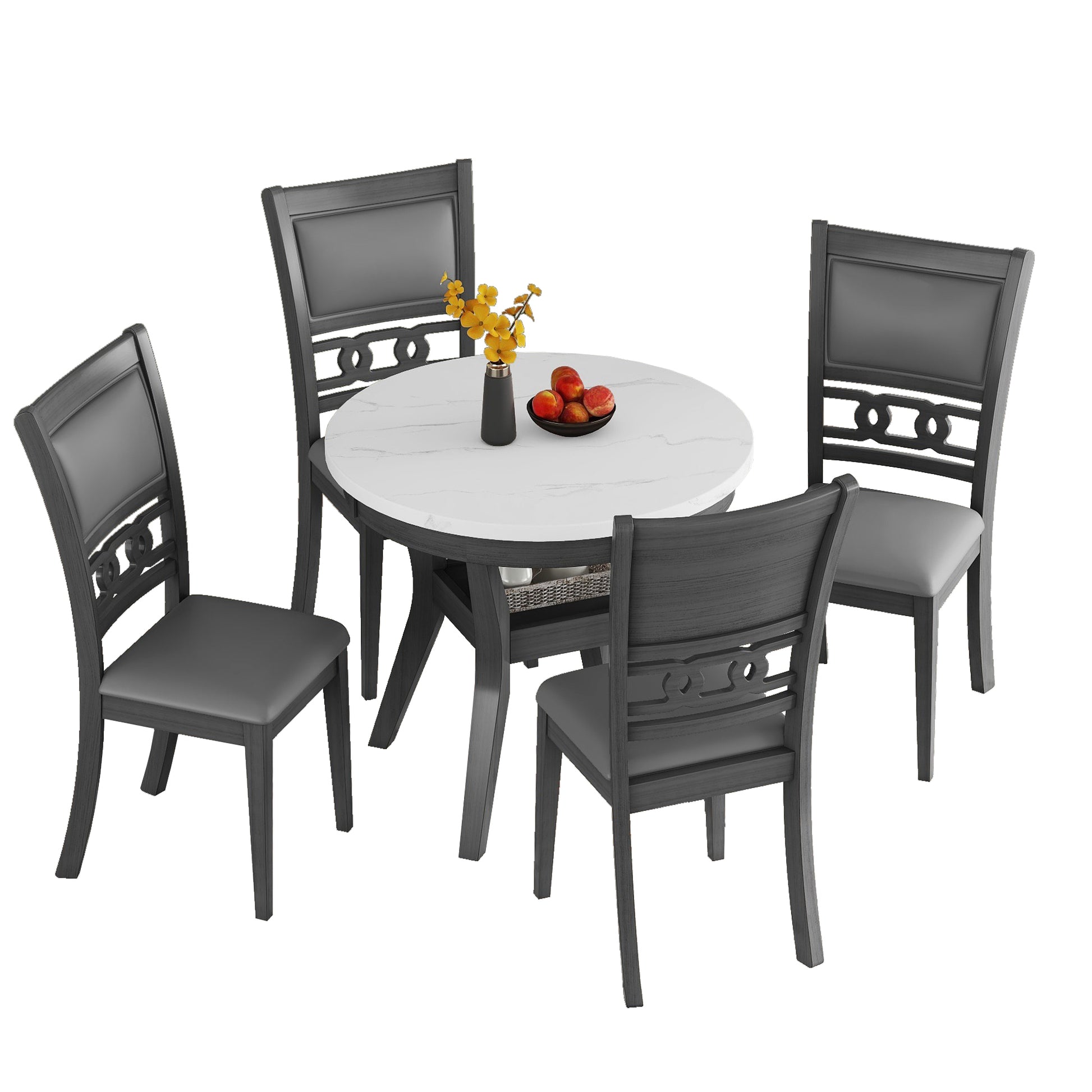 5 Piece Dining Round Table Set With One Faux Marble Top Dining Table And Four Pu Leather Chairs,Grey Grey Mdf