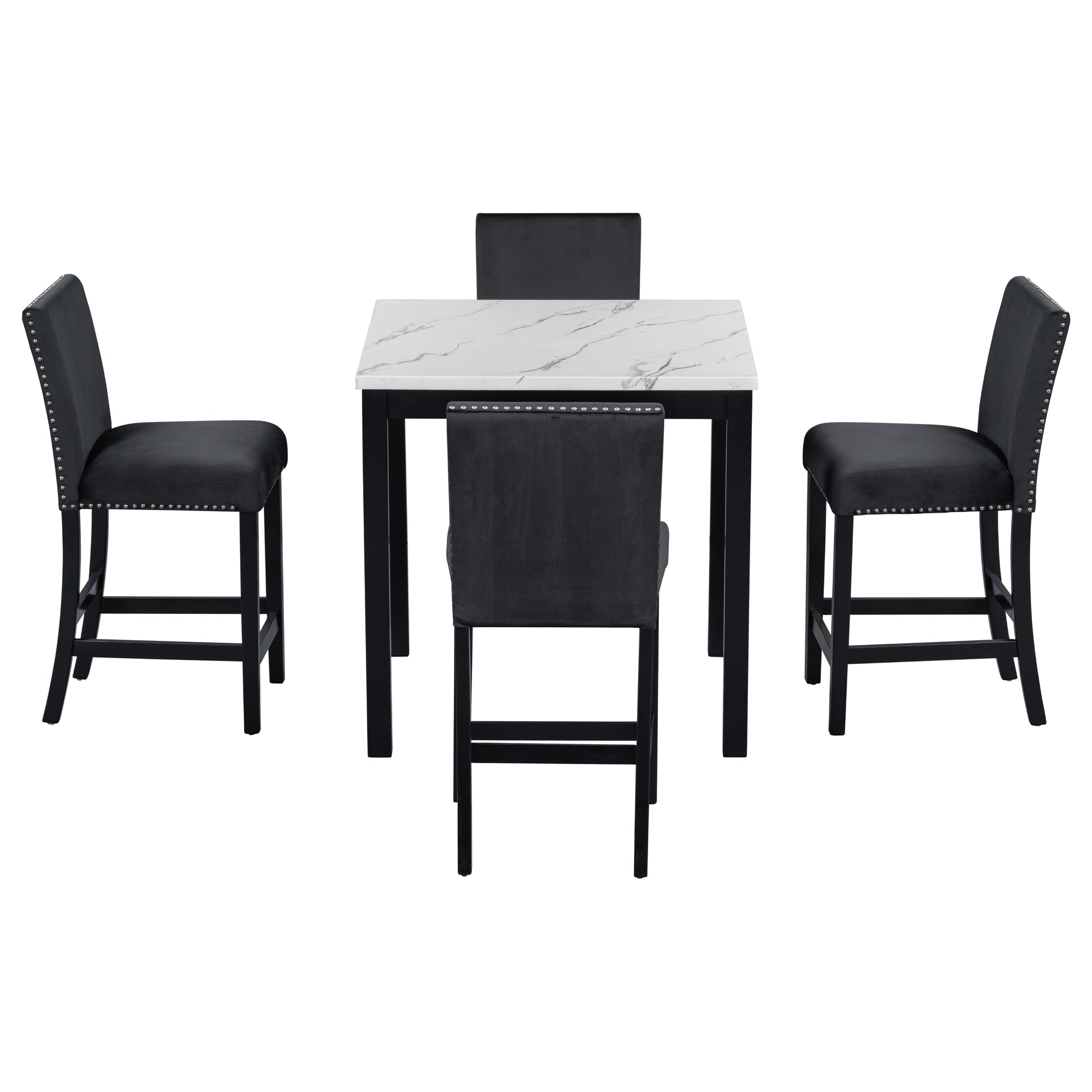 5 Piece Counter Height Dining Table Set With One Faux Marble Top Dining Table And Four Velvet Upholstered Chairs,Black Black Mdf