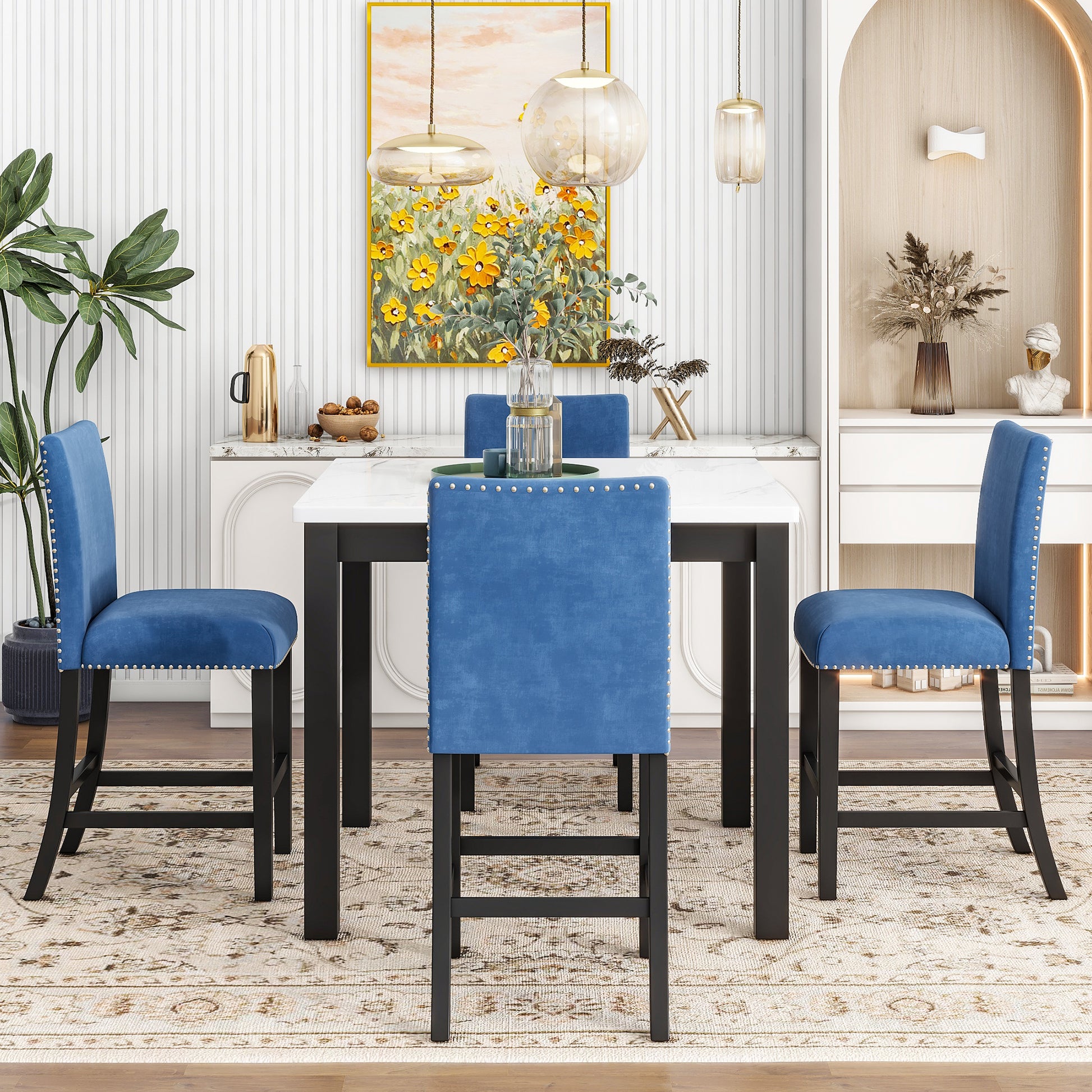 5 Piece Counter Height Dining Table Set With One Faux Marble Top Dining Table And Four Velvet Upholstered Chairs,Blue Blue Mdf