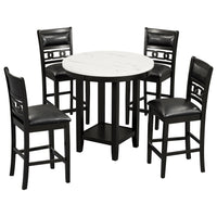 5 Piece Counter Height Dining Round Table Set With One Faux Marble Top Dining Table And Four Pu Leather Chairs,Dark Espresso Espresso Mdf