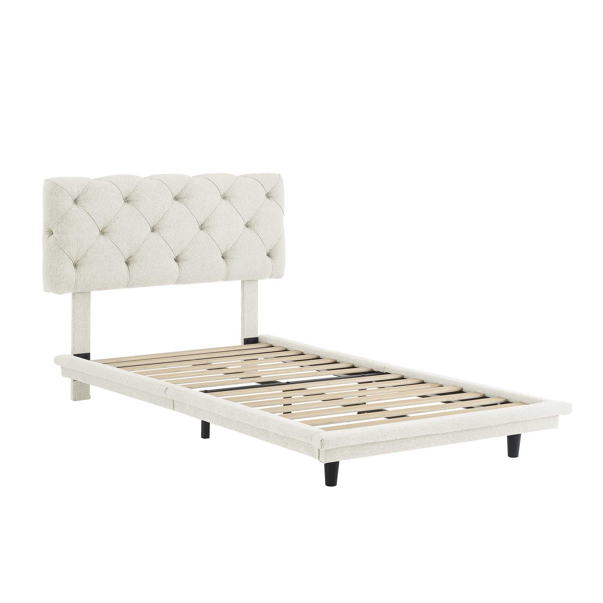 Twin Size Upholstered Bed With Light Stripe, Floating Platform Bed, Linen Fabric,Beige Beige Linen