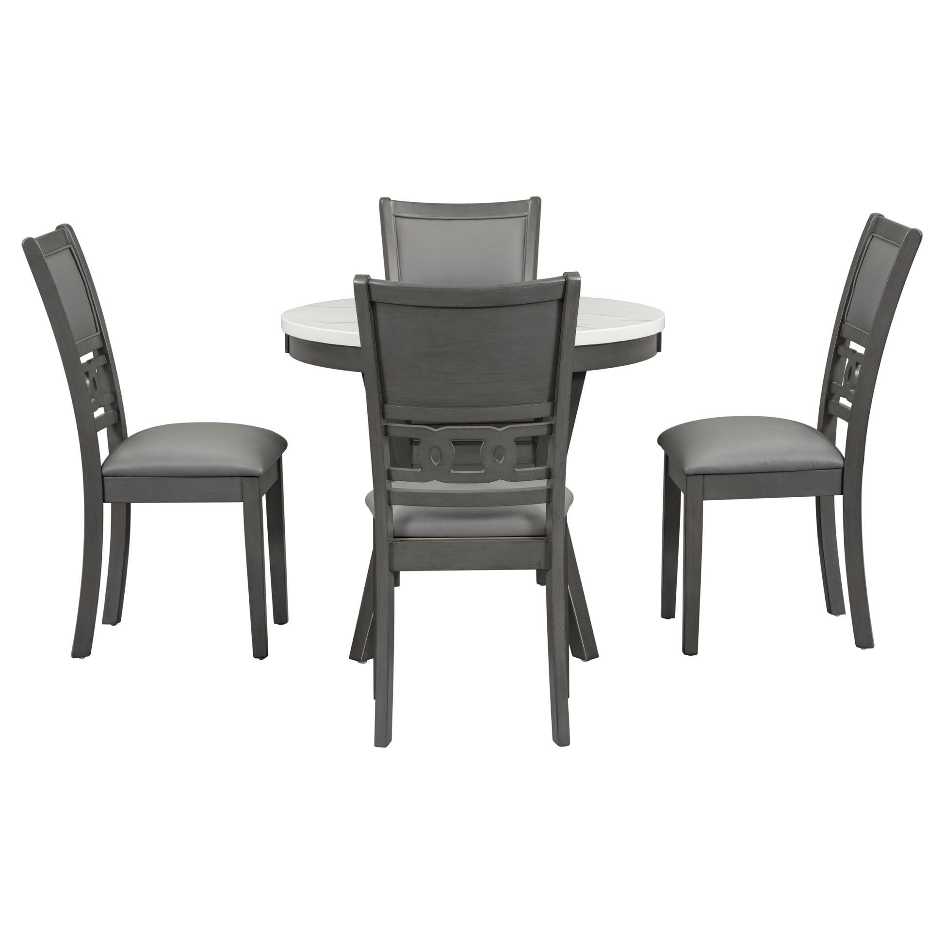 5 Piece Dining Round Table Set With One Faux Marble Top Dining Table And Four Pu Leather Chairs,Grey Grey Mdf