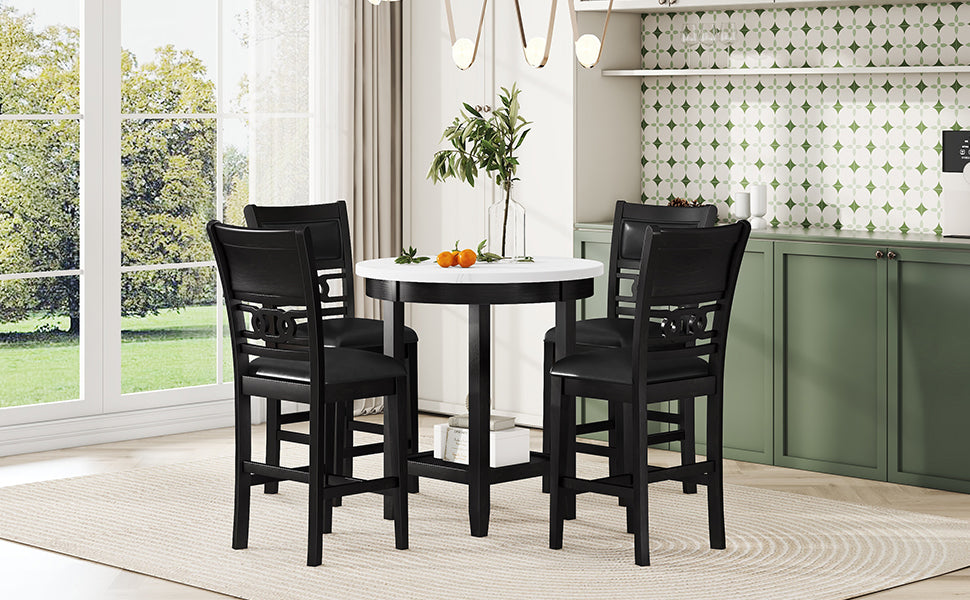 5 Piece Counter Height Dining Round Table Set With One Faux Marble Top Dining Table And Four Pu Leather Chairs,Dark Espresso Espresso Mdf