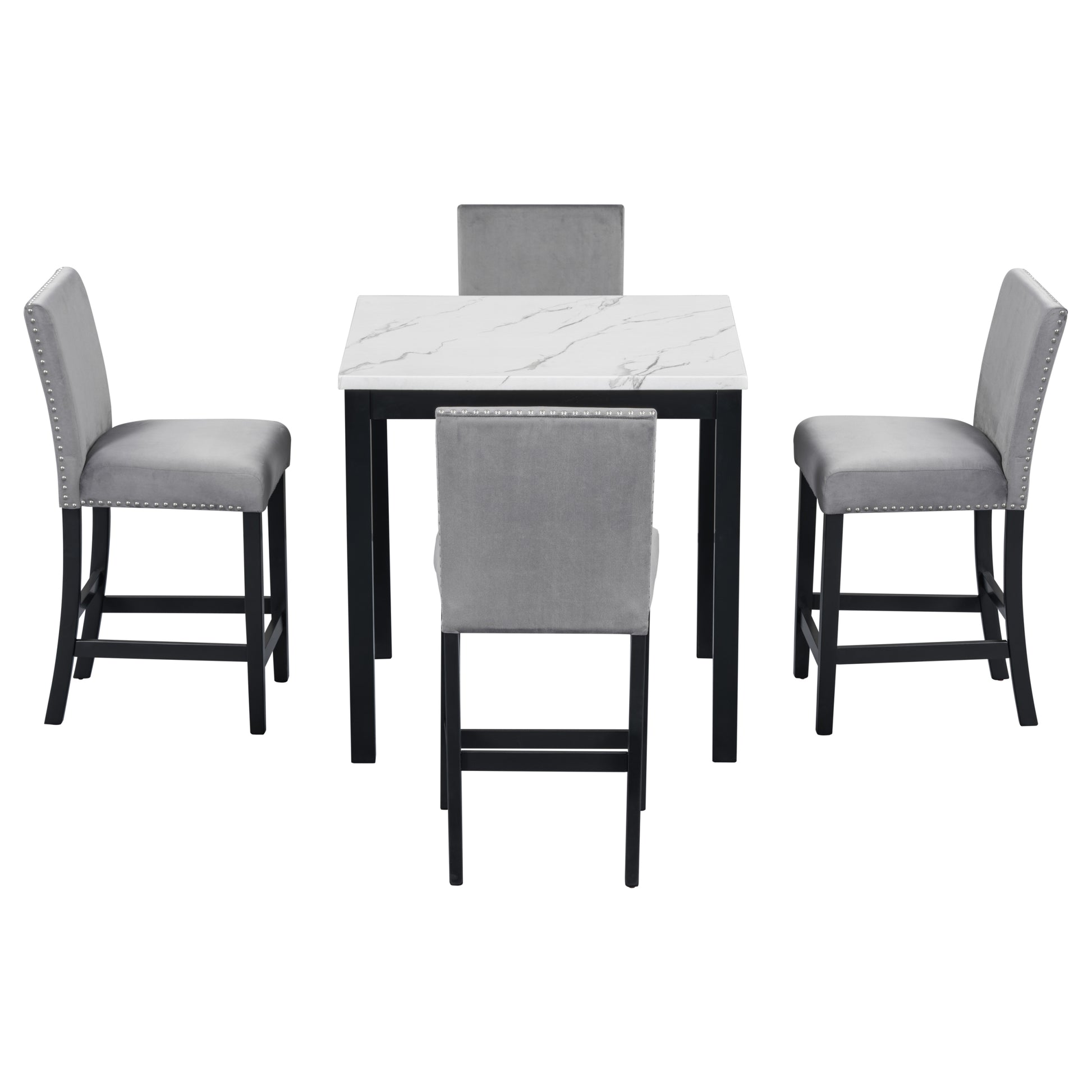 5 Piece Counter Height Dining Table Set With One Faux Marble Top Dining Table And Four Velvet Upholstered Chairs,Grey Grey Mdf