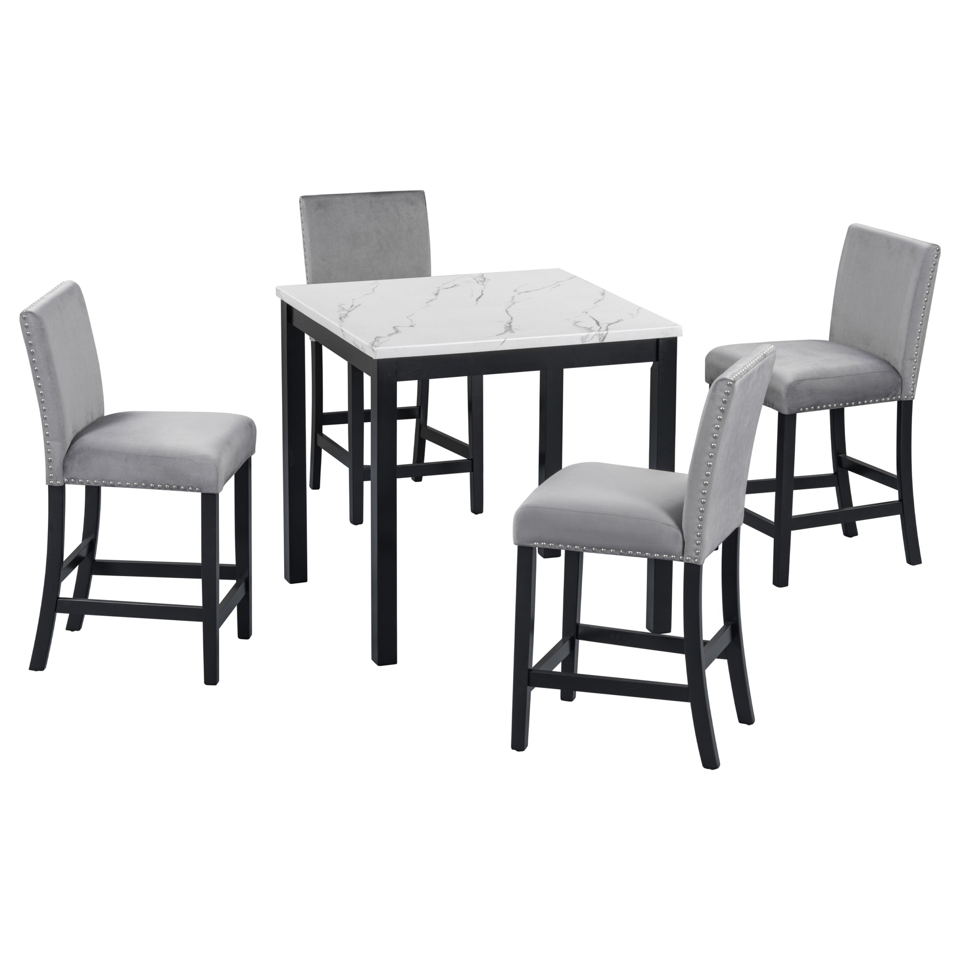 5 Piece Counter Height Dining Table Set With One Faux Marble Top Dining Table And Four Velvet Upholstered Chairs,Grey Grey Mdf