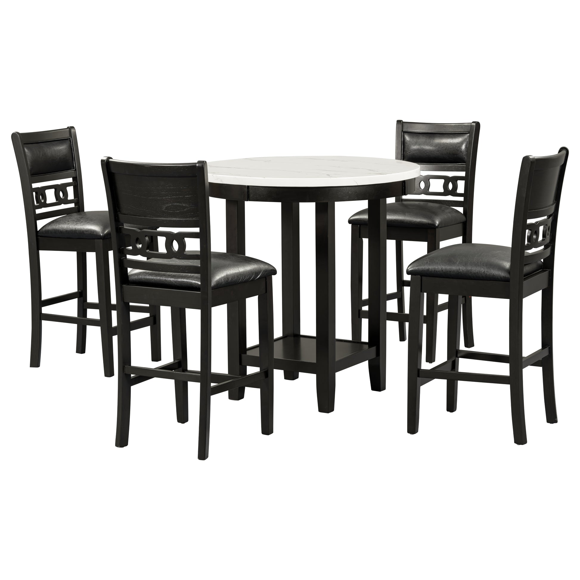 5 Piece Counter Height Dining Round Table Set With One Faux Marble Top Dining Table And Four Pu Leather Chairs,Dark Espresso Espresso Mdf