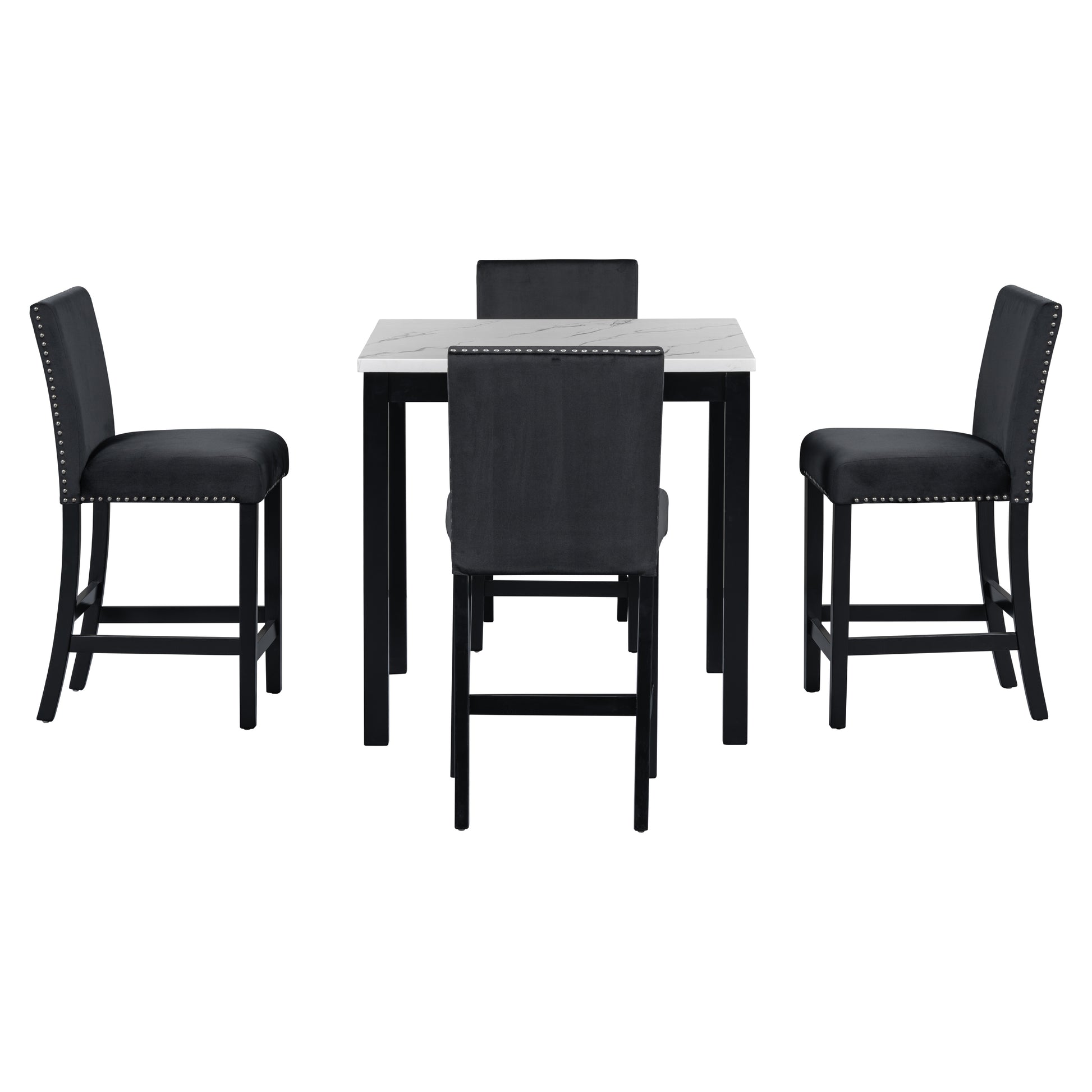 5 Piece Counter Height Dining Table Set With One Faux Marble Top Dining Table And Four Velvet Upholstered Chairs,Black Black Mdf