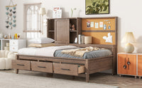 Twin Size Lounge Daybed With Storage Shelves, Cork Board, Usb Ports And 3 Drawers, Antique Wood Color Box Spring Not Required Twin Wood Bedroom Bed Frame Solid Wood Mdf