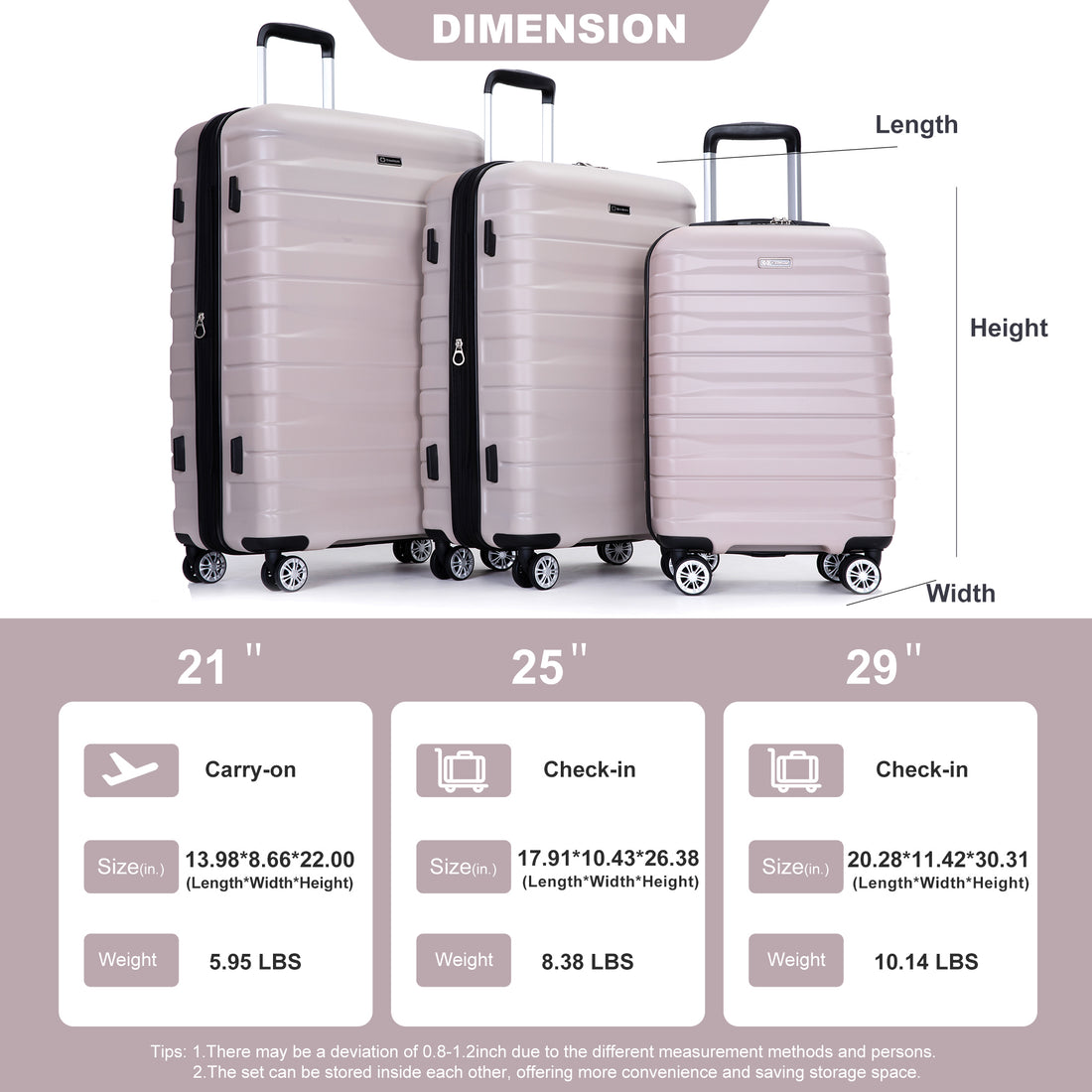 3 Piece Luggage Sets Pc Lightweight & Durable Expandable Suitcase With Two Hooks, Double Spinner Wheels, Tsa Lock, 21 25 29 Sand Sand Pc