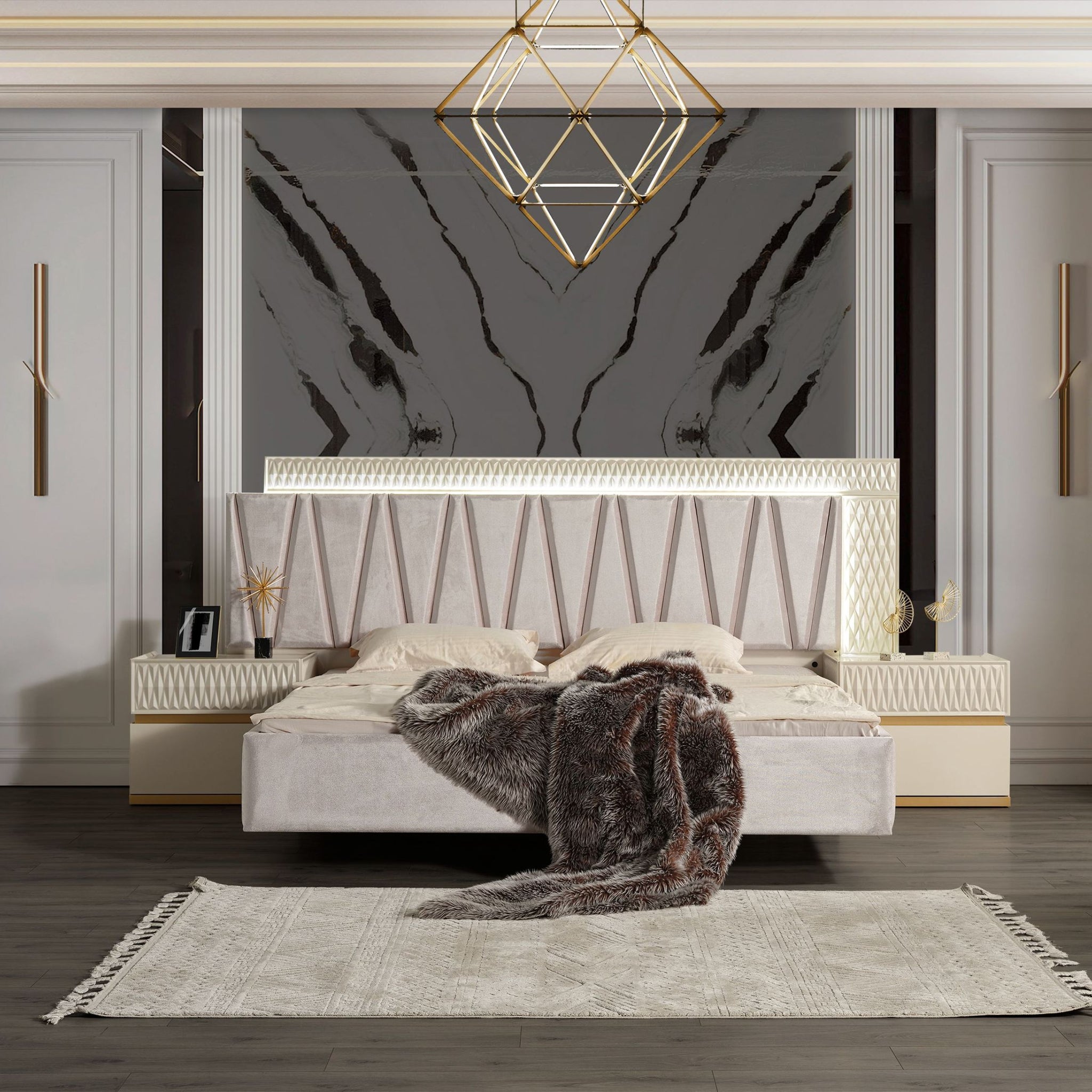 Delfano Modern Style King Bed Made With Wood In Beige Box Spring Not Required King Beige Wood Bedroom Contemporary,Modern Bed Frame Solid Wood Mdf Wood