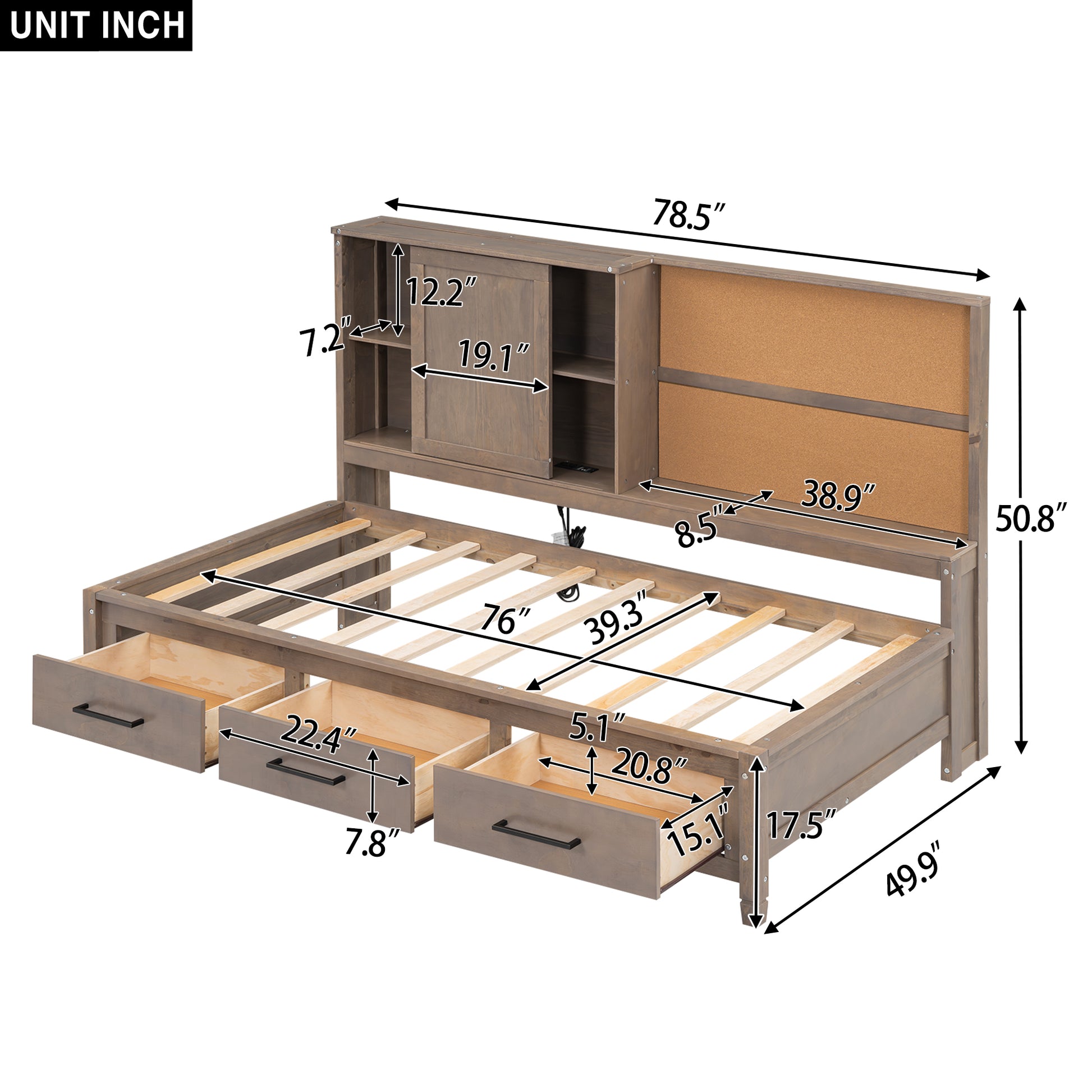 Twin Size Lounge Daybed With Storage Shelves, Cork Board, Usb Ports And 3 Drawers, Antique Wood Color Box Spring Not Required Twin Wood Bedroom Bed Frame Solid Wood Mdf