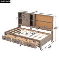 Twin Size Lounge Daybed With Storage Shelves, Cork Board, Usb Ports And 3 Drawers, Antique Wood Color Box Spring Not Required Twin Wood Bedroom Bed Frame Solid Wood Mdf