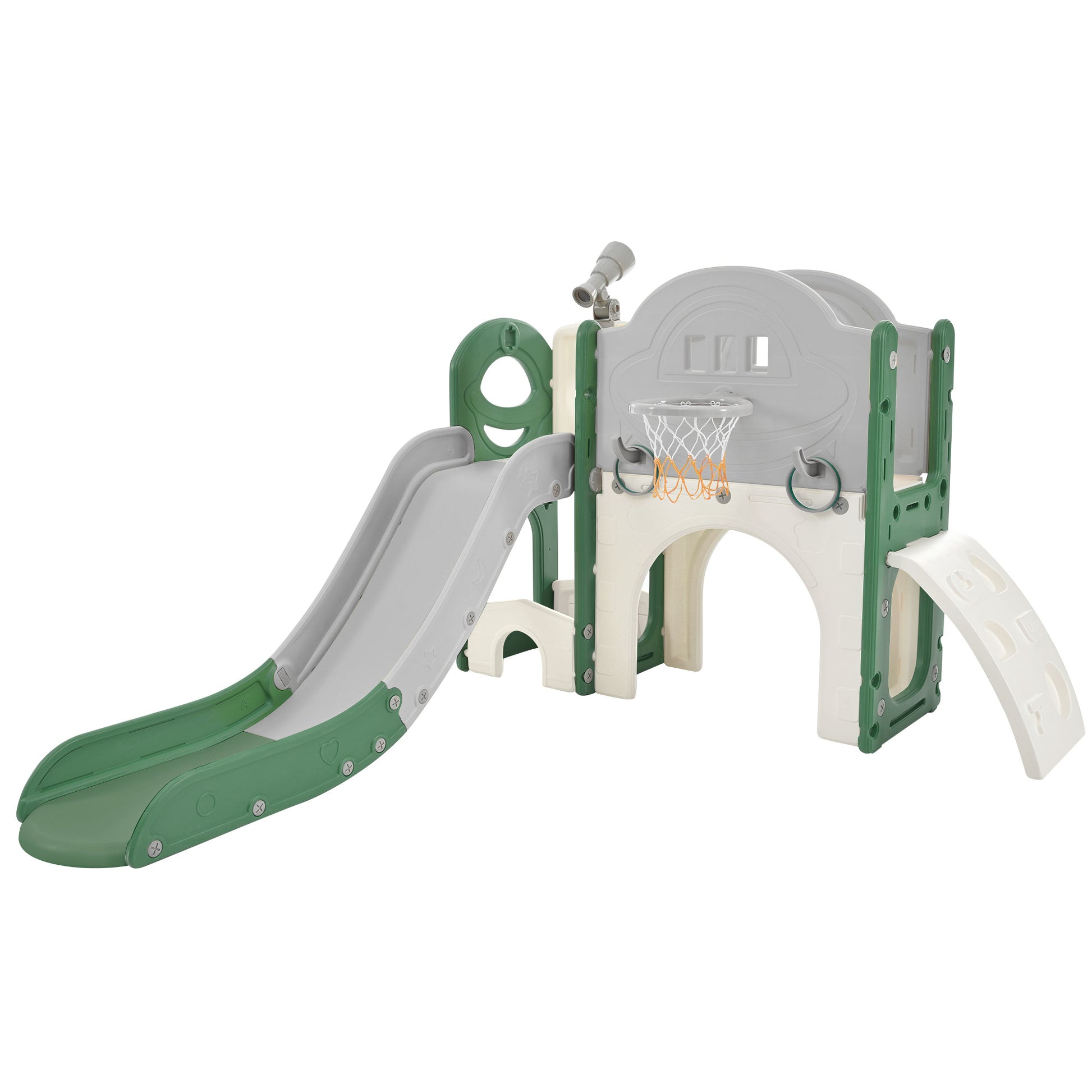 Kids Slide Playset Structure 7 In 1, Freestanding Space Set With Slide, Arch Tunnel, Ring Toss And Basketball Hoop, Toy Storage Organizer For Toddlers, Kids Climbers Playground Green Hdpe