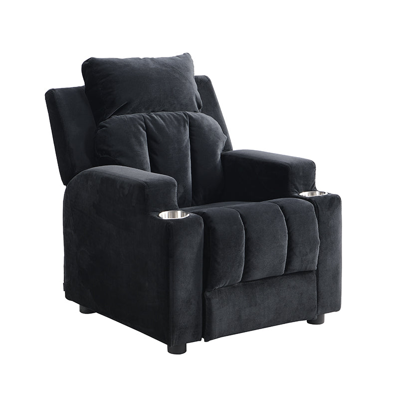 Kids Recliner Chair, Kids Upholstered Couch With Two Cup Holder, Footrest, Backrest, Toddlers Velvet Recliner With Headrest And Footrest Black Altay Velvet