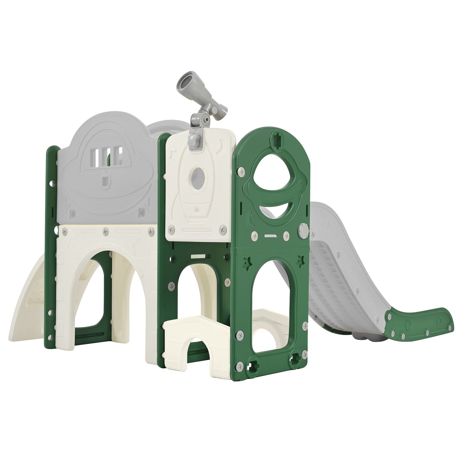 Kids Slide Playset Structure 7 In 1, Freestanding Space Set With Slide, Arch Tunnel, Ring Toss And Basketball Hoop, Toy Storage Organizer For Toddlers, Kids Climbers Playground Green Hdpe