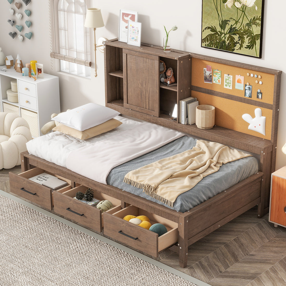 Twin Size Lounge Daybed With Storage Shelves, Cork Board, Usb Ports And 3 Drawers, Antique Wood Color Box Spring Not Required Twin Wood Bedroom Bed Frame Solid Wood Mdf