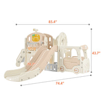 Kids Slide Playset Structure 9 In 1, Freestanding Castle Climbing Crawling Playhouse With Slide, Arch Tunnel, Ring Toss, Realistic Bus Model And Basketball Hoop, Toy Storage Organizer For Toddlers Pink White Hdpe
