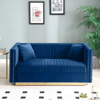 Contemporary Vertical Channel Tufted Velvet Sofa Loveseat Modern Upholstered 2 Seater Couch For Living Room Apartment With 2 Pillows,Blue Blue Foam Velvet