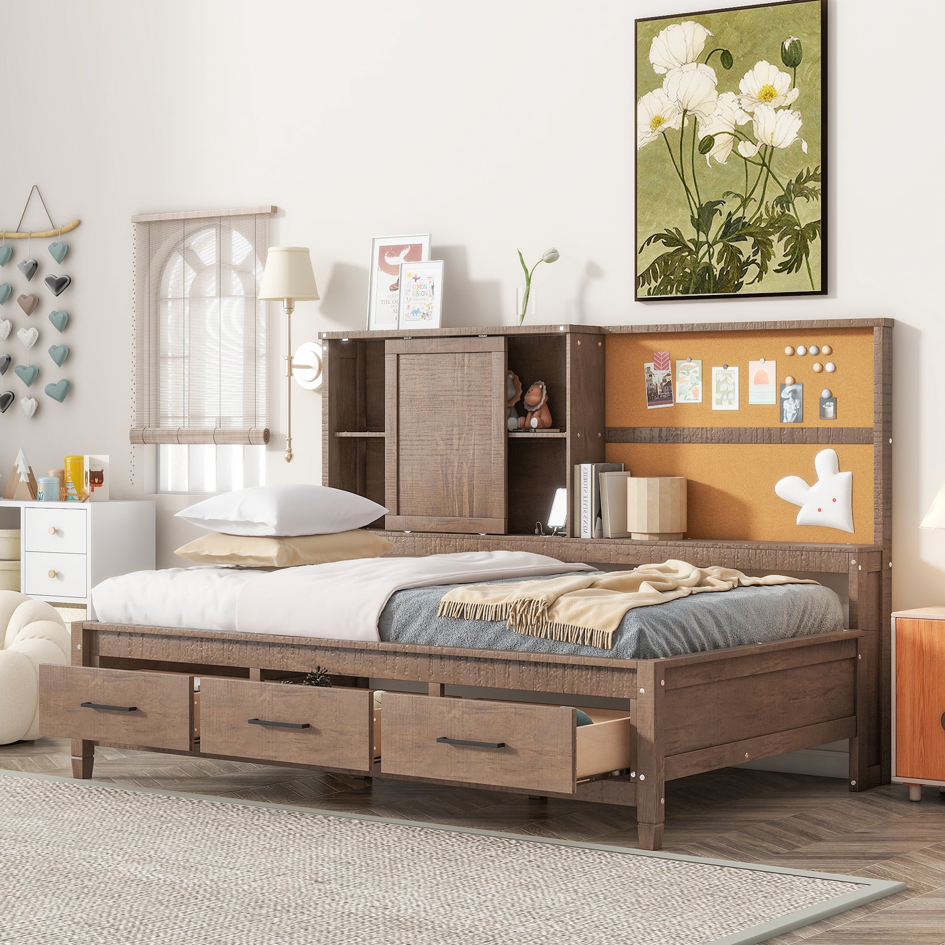 Twin Size Lounge Daybed With Storage Shelves, Cork Board, Usb Ports And 3 Drawers, Antique Wood Color Box Spring Not Required Twin Wood Bedroom Bed Frame Solid Wood Mdf