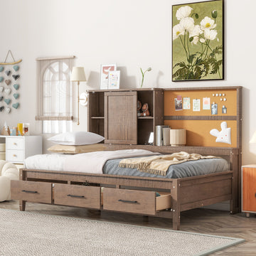 Twin Size Lounge Daybed With Storage Shelves, Cork Board, Usb Ports And 3 Drawers, Antique Wood Color Box Spring Not Required Twin Wood Bedroom Bed Frame Solid Wood Mdf