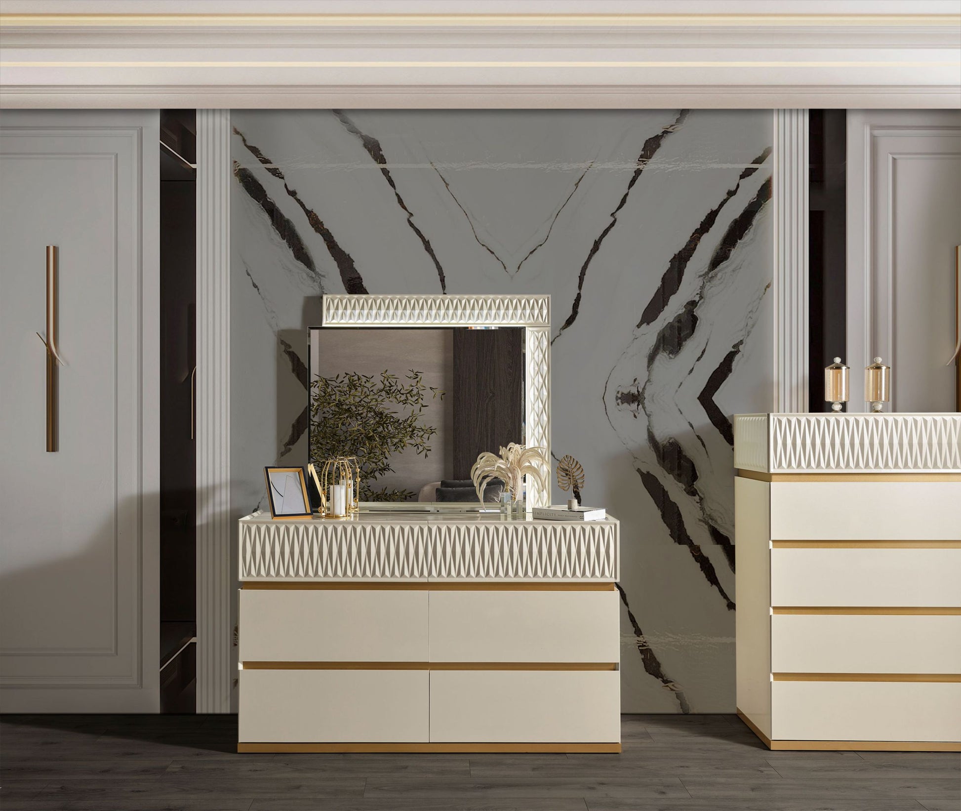 Delfano Modern Style 5 Pc Queen Bedroom Set Made With Wood In Beige Box Spring Not Required Queen Beige Wood 5 Piece Set Bedroom Bed Included,Chest Included,Dresser Included,Mirror Included,Nightstand Included Contemporary,Modern Solid Wood Mdf Velvet