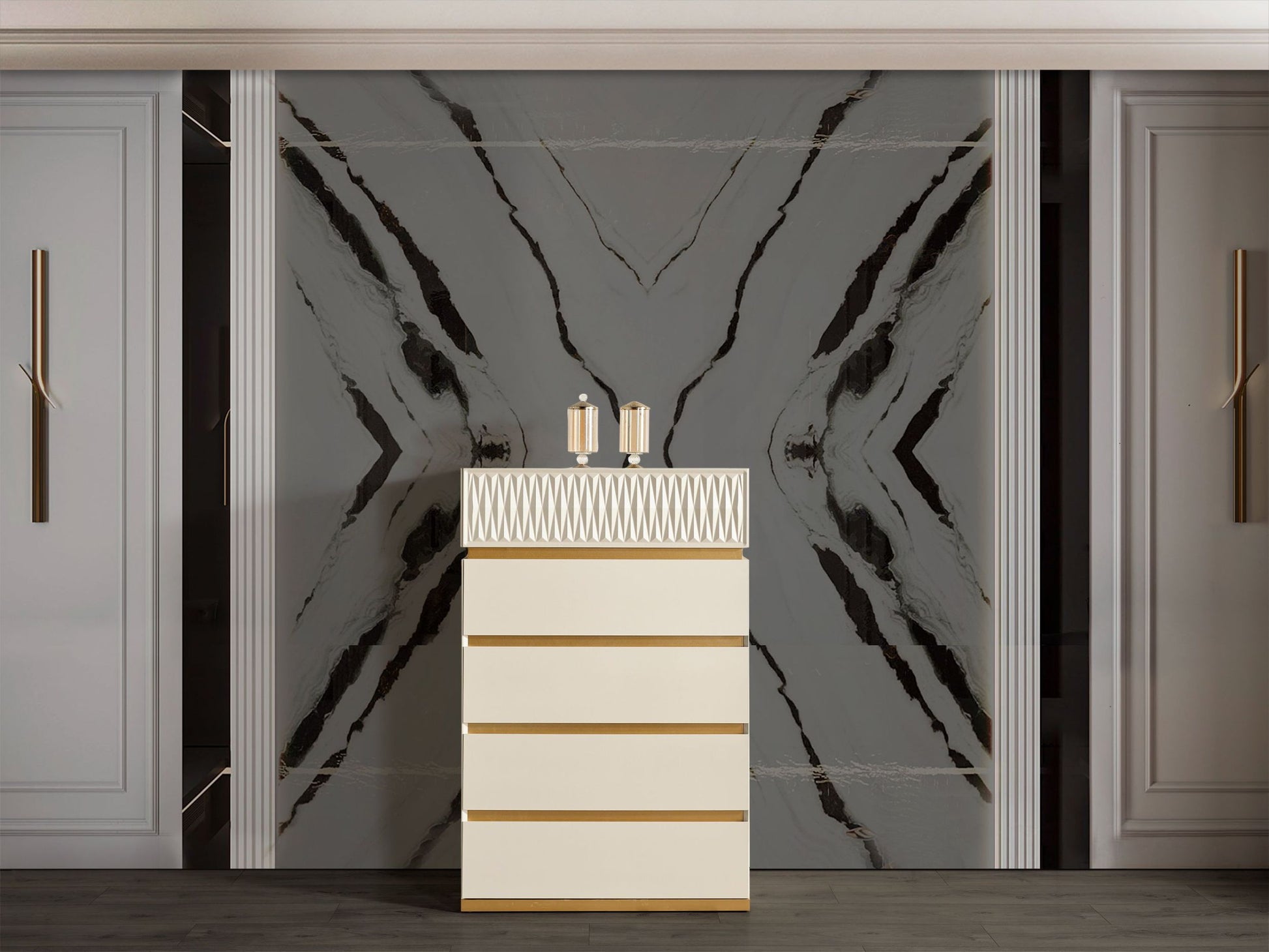 Delfano Modern Style 5 Pc King Bedroom Set Made With Wood In Beige Box Spring Not Required King Beige Wood 5 Piece Set Bedroom Bed Included,Chest Included,Dresser Included,Mirror Included,Nightstand Included Contemporary,Modern Solid Wood Mdf Built In