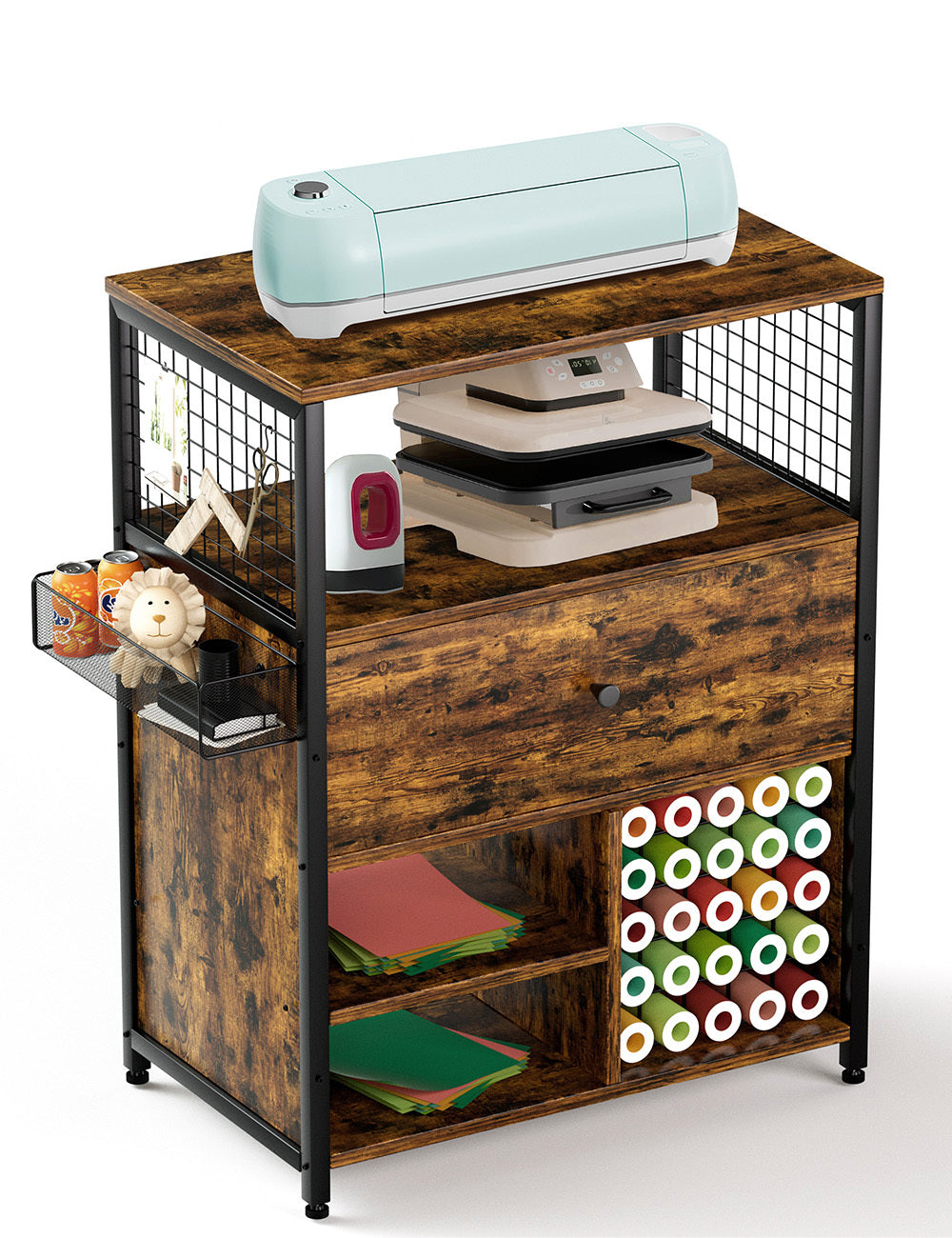 Craft Organization And Storage Cabinet Compatible With Cricut Machines, Crafting Cabinet With Drawer & 25 Vinyl Roll Holder, Craft Table Desk Workstation For Craft Room Home.Rustic Brown. Rustic Brown Particle Board