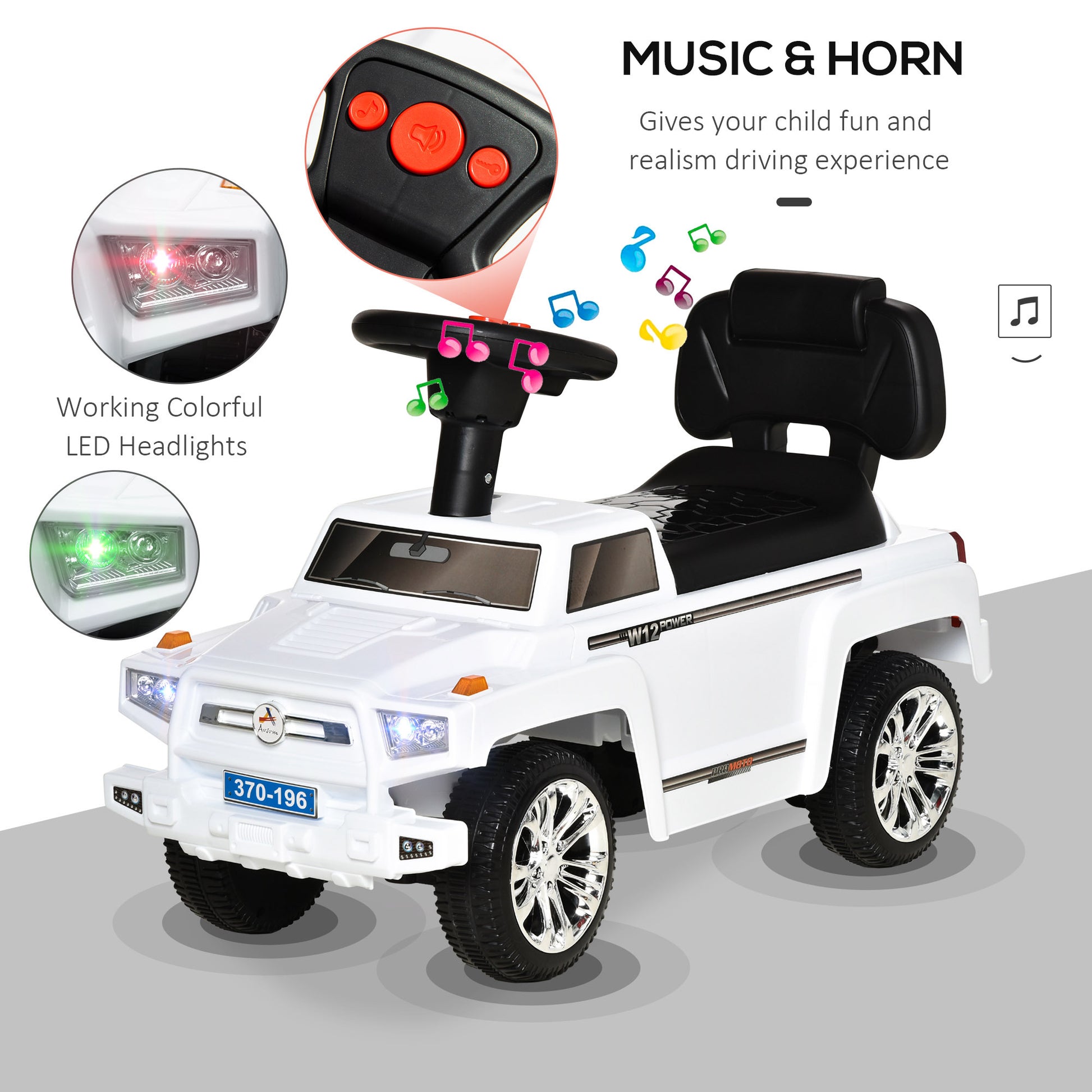 Kids Ride On Push Car, Suv Style Sliding Walking Car For Toddle With Horn, Music, Working Lights, Hidden Storage And Anti Dumping System, White White Metal