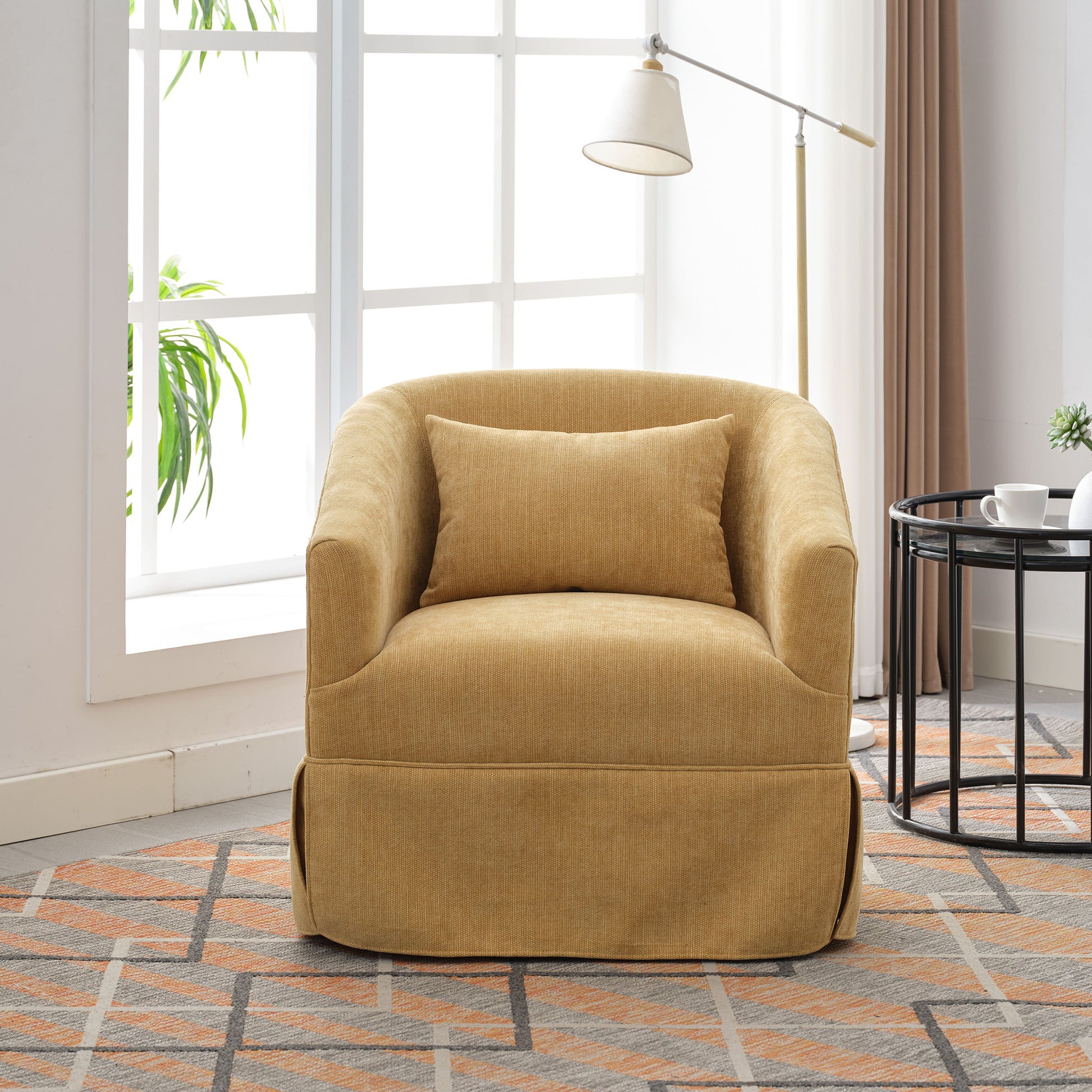 360 Degree Swivel Accent Armchair Linen Blend Musted Yellow Mustard Yellow Upholstered