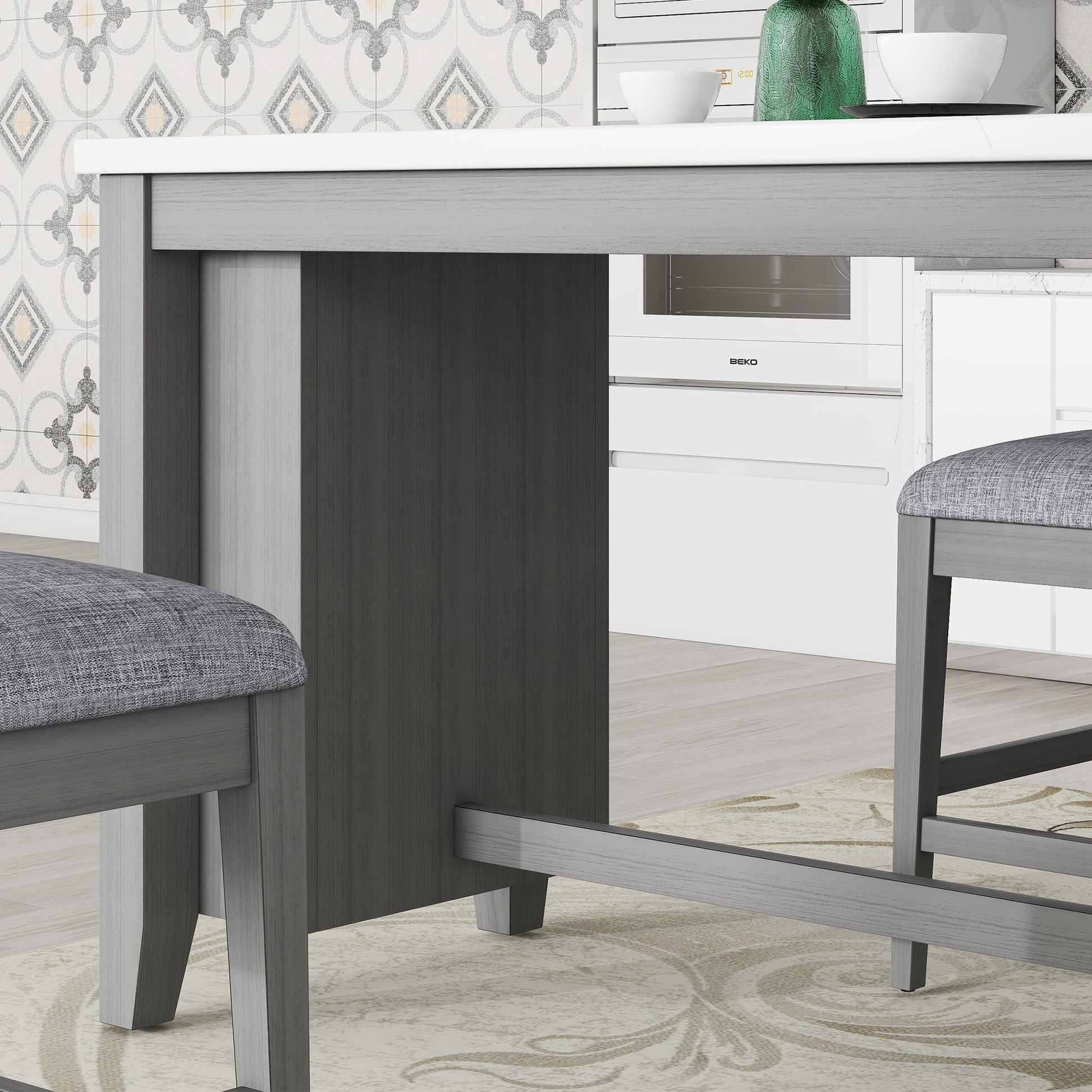 3 Piece Counter Height Dining Table Set With Built In Storage Shelves, One Faux Marble Top Dining Table And 2 Counter Chairs With Footrest,Grey Grey Mdf