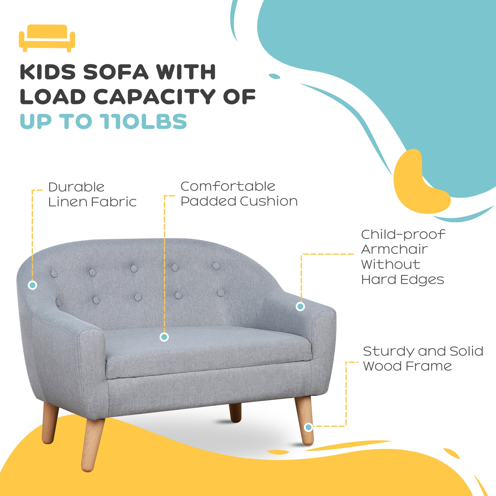 2 Seat Kids Sofa Linen Fabric And Wooden Frame Sofa For Kids And Toddlers Ages 3 7, 11" High Seat, Gray Gray Wood