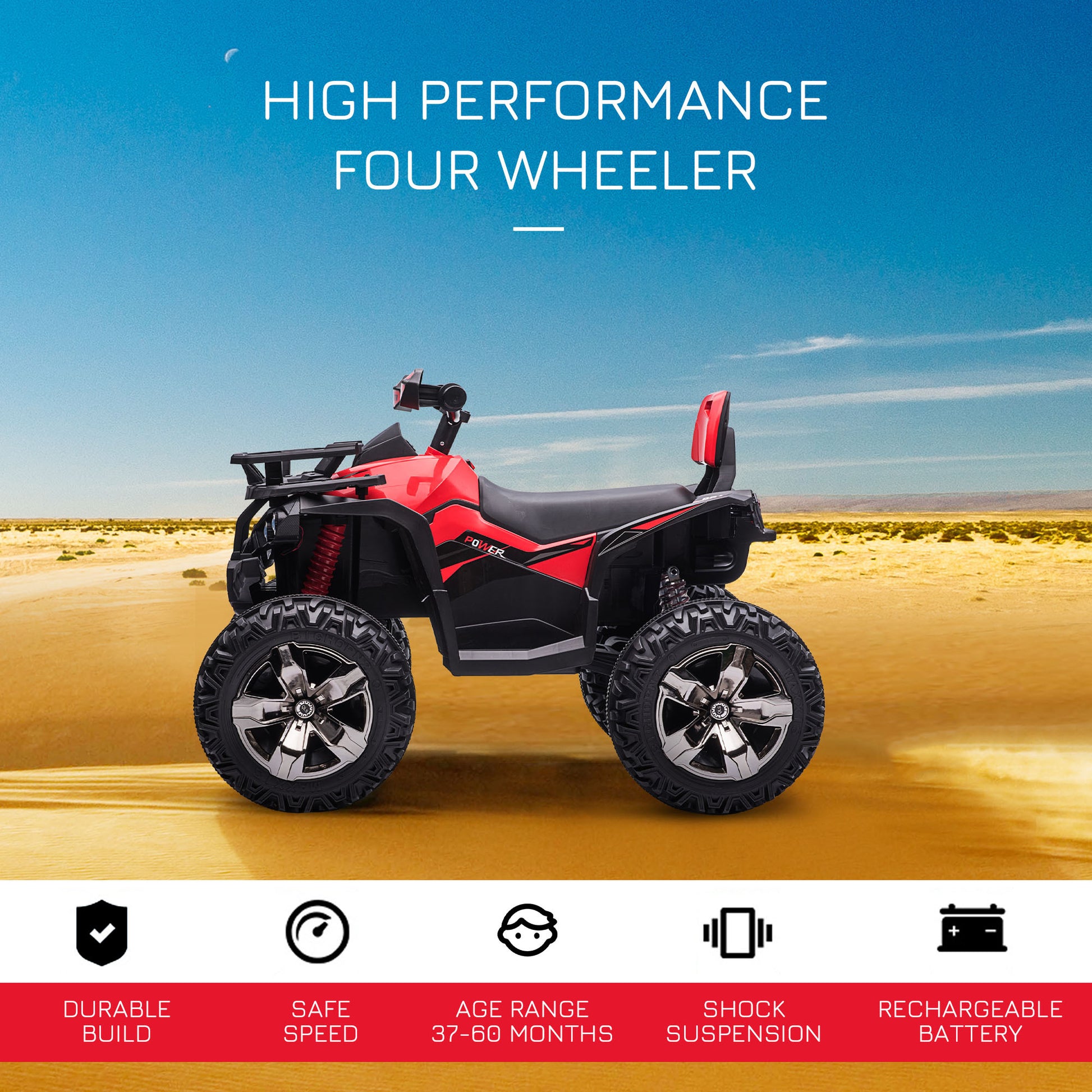 12V Kids Atv Ride On Four Wheeler Toy Car With Music, Realistic Headlights, Wide Wheels, Rechargeable Battery Powered, For Boys And Girls, Red Red Steel