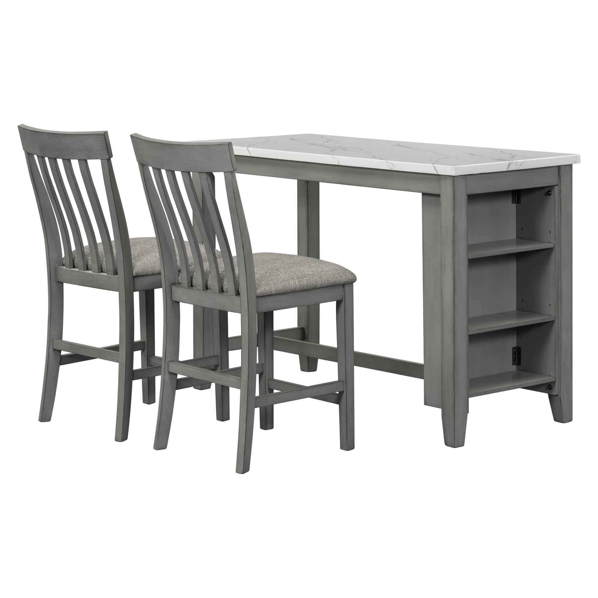 3 Piece Counter Height Dining Table Set With Built In Storage Shelves, One Faux Marble Top Dining Table And 2 Counter Chairs With Footrest,Grey Grey Mdf