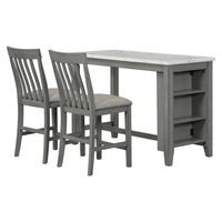 3 Piece Counter Height Dining Table Set With Built In Storage Shelves, One Faux Marble Top Dining Table And 2 Counter Chairs With Footrest,Grey Grey Mdf