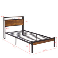 Twin Size Metal Platform Bed Frame With Wooden Headboard And Footboard With Usb Liner, No Box Spring Needed, Under Bed Storage, Easy Assemble Twin Black Brown Metal