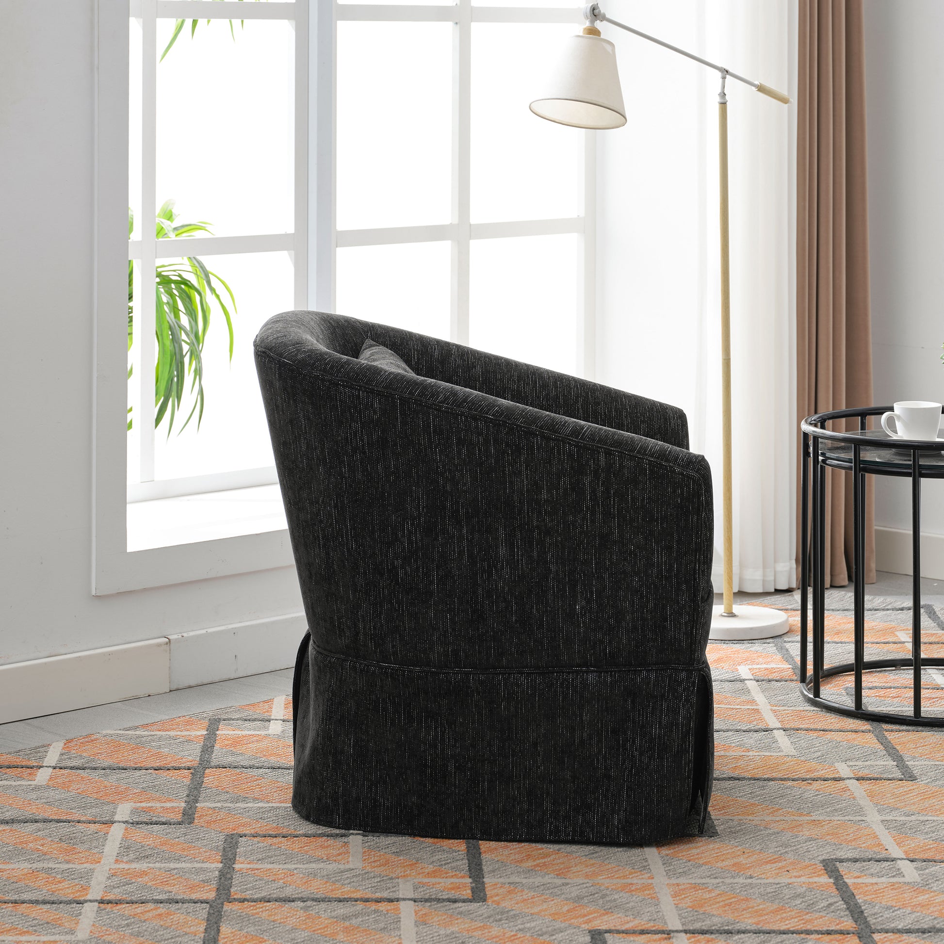 360 Degree Swivel Accent Armchair Linen Blend Black Black Upholstered