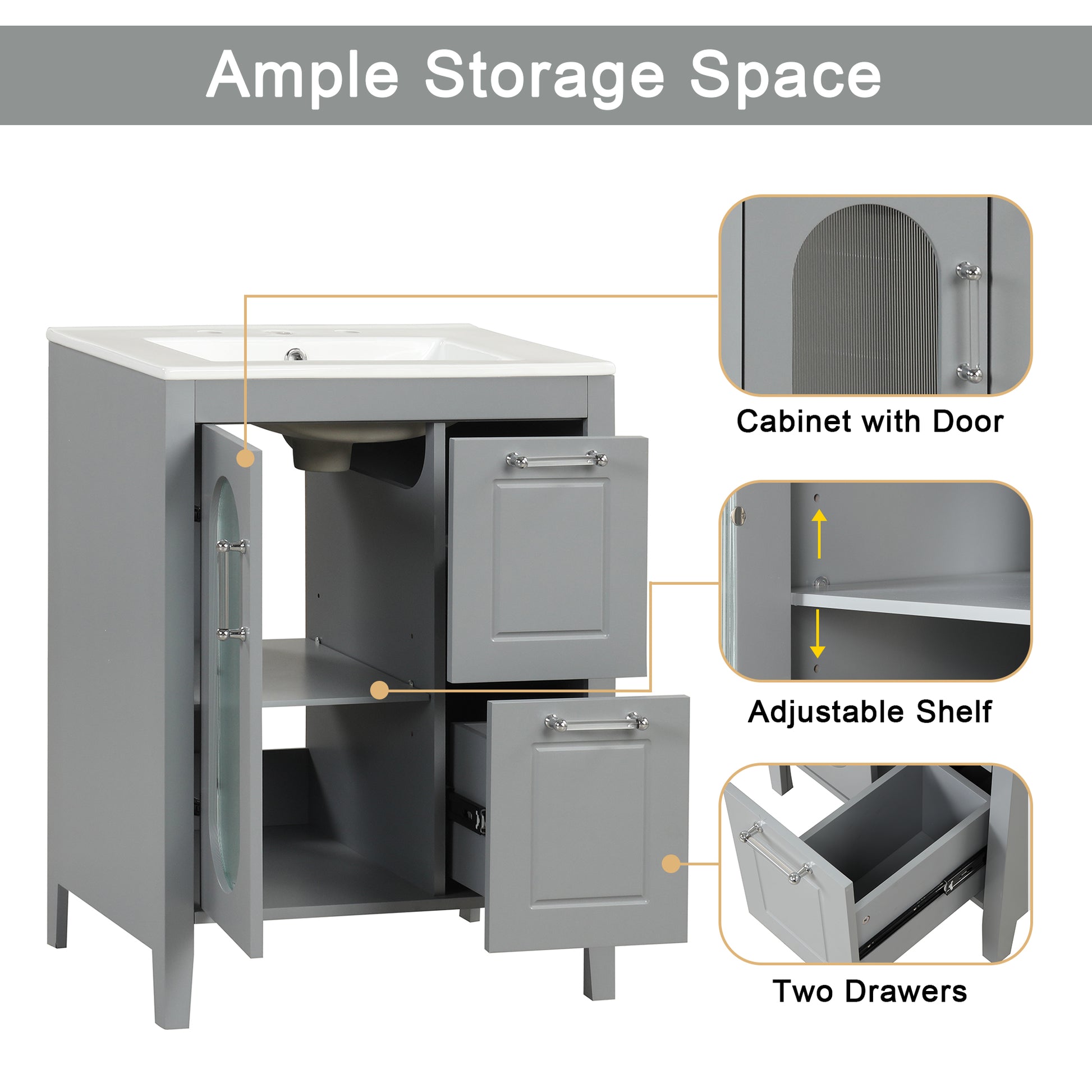 24" Bathroom Vanity With Sink, Bathroom Vanity Cabinet With Two Drawers And Door, Adjustable Shelf, Solid Wood And Mdf, Grey Grey Solid Wood Mdf