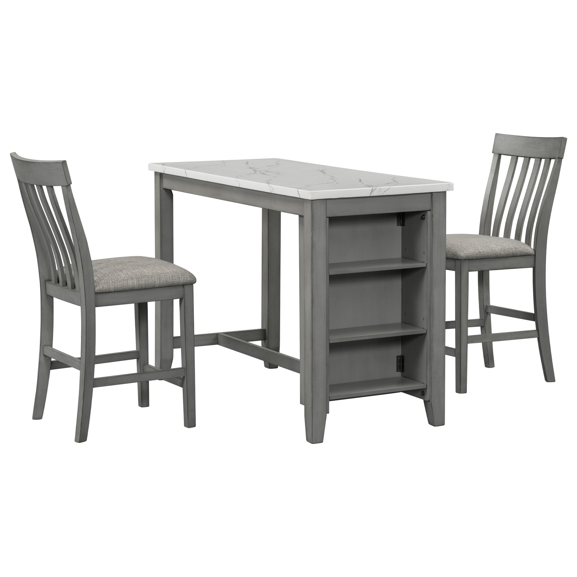 3 Piece Counter Height Dining Table Set With Built In Storage Shelves, One Faux Marble Top Dining Table And 2 Counter Chairs With Footrest,Grey Grey Mdf