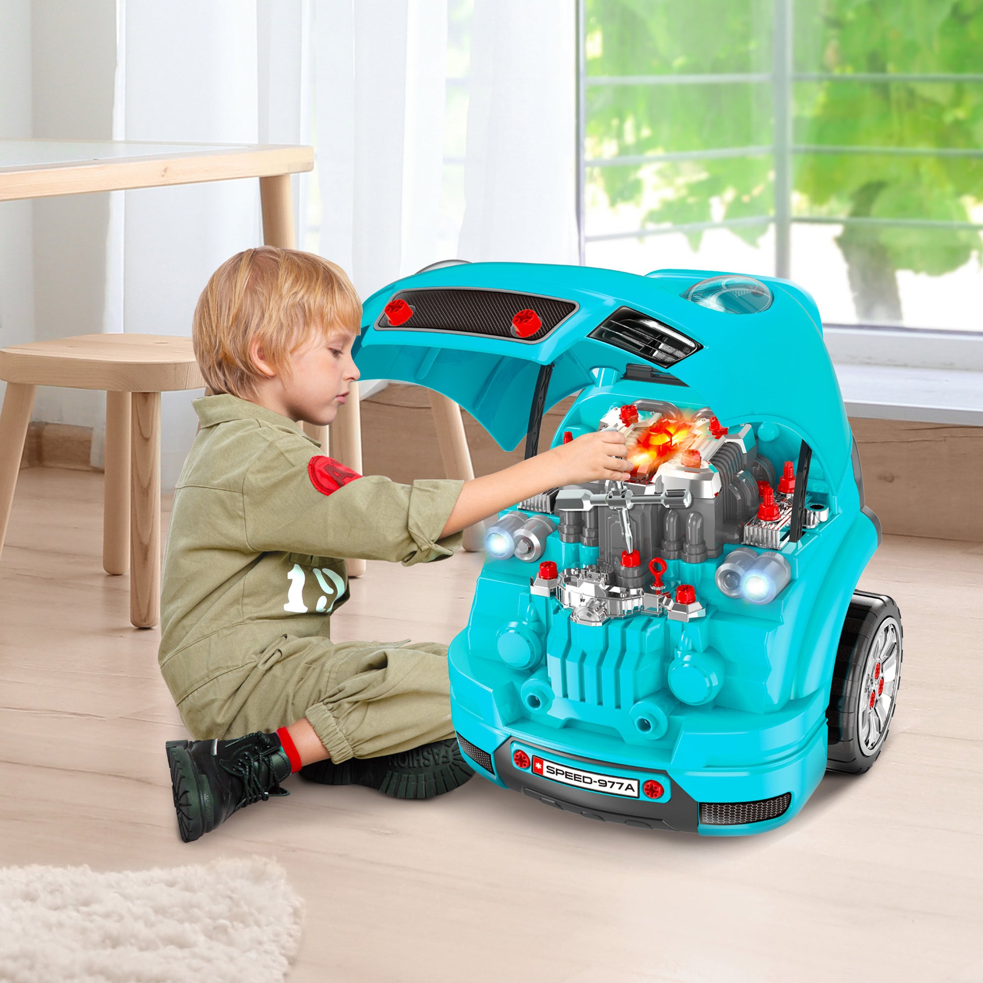 Kids Truck Engine Toy, Kids Mechanic Car Repair Set, Engine Disassembly Play Workshop, Includes 61 Pieces, Steering Wheel, Horn, Light For 3 5 Years Old, Teal Teal Abs