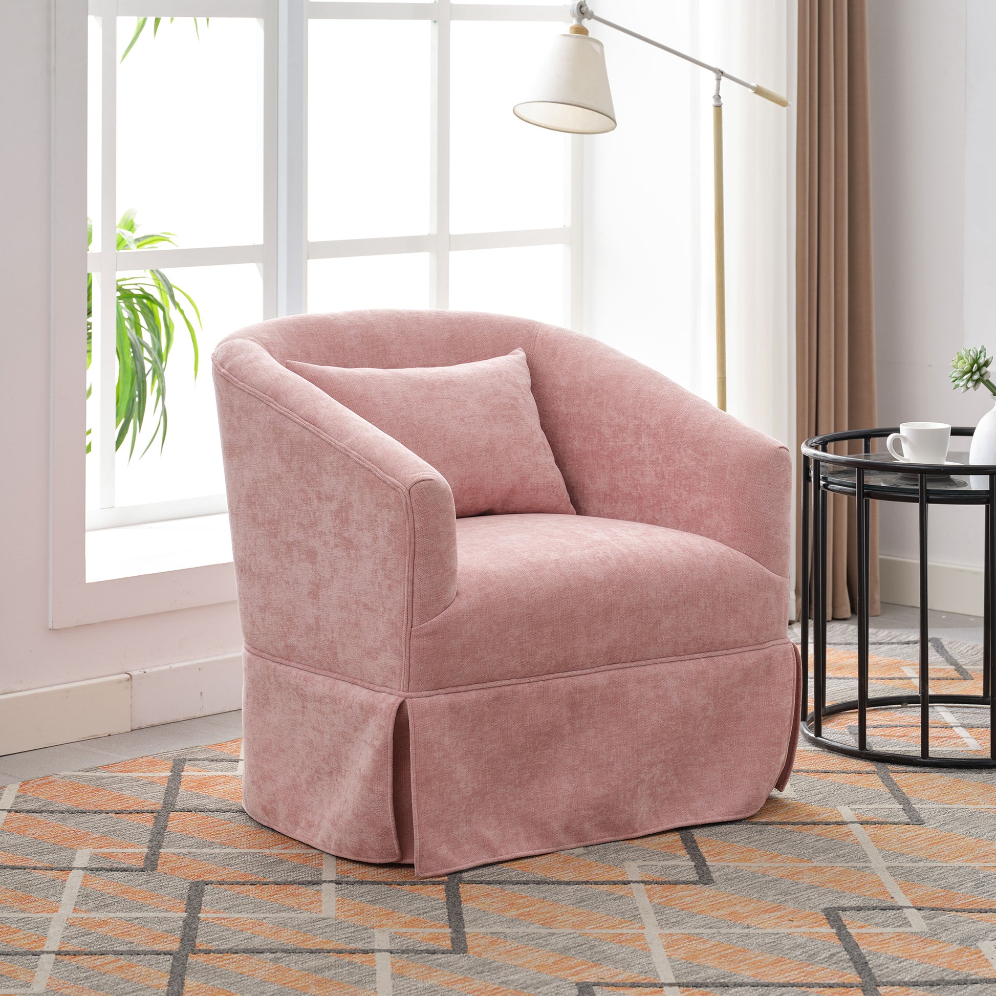 360 Degree Swivel Accent Armchair Linen Blend Pink Pink Upholstered