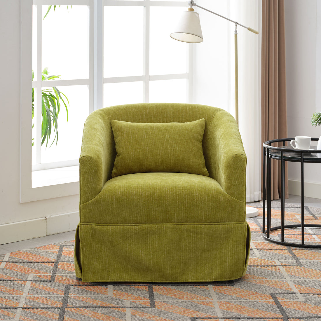 360 Degree Swivel Accent Armchair Linen Blend Fruit Green Olive Green Upholstered