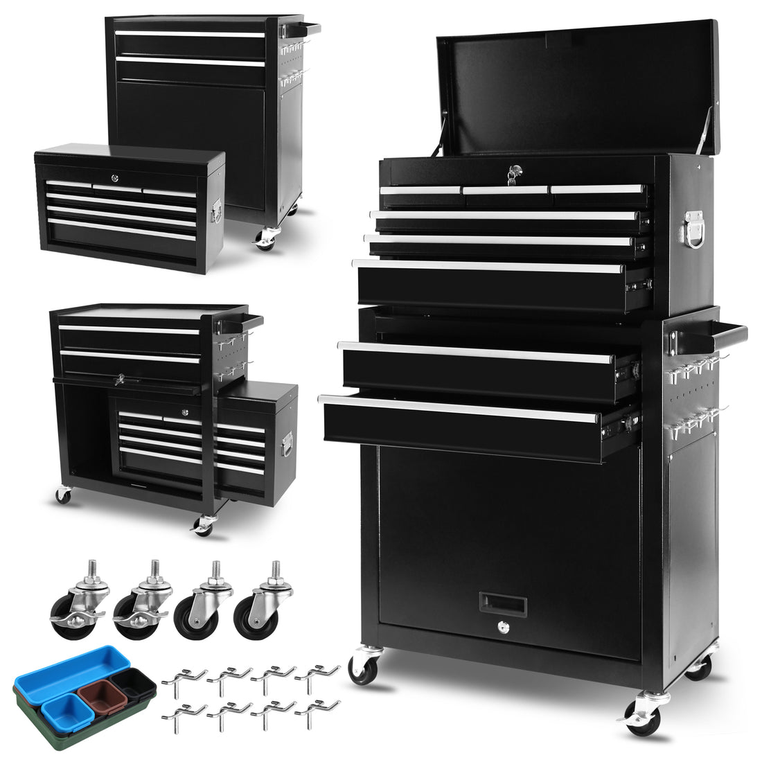 8 Drawer Rolling Tool Chest With Wheels, Large Tool Cabinet With Drawers, Mobile Steel Tool Storage Organizer With Lock&Liner For Warehouse, Workshop, Black Black Steel