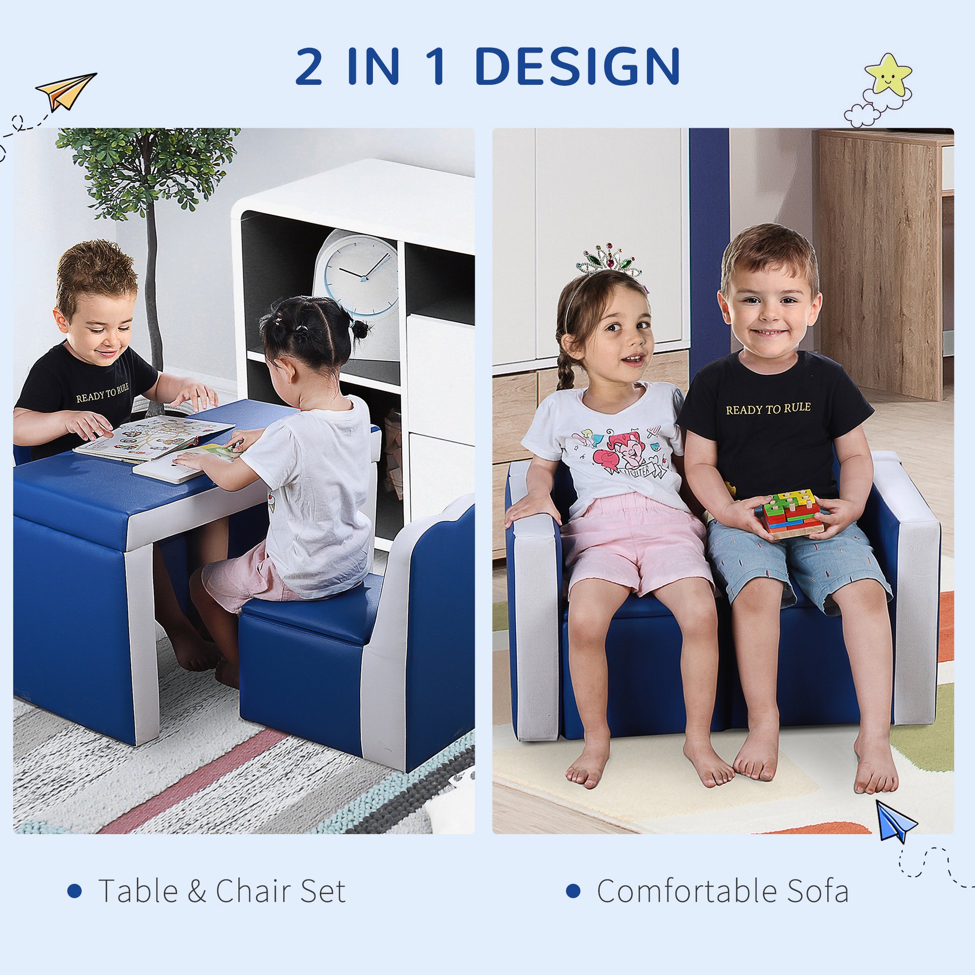 Kids Sofa Set 2 In 1 Multi Functional Toddler Table Chair Set 2 Seat Couch Storage Box Soft Sturdy Blue Blue Wood