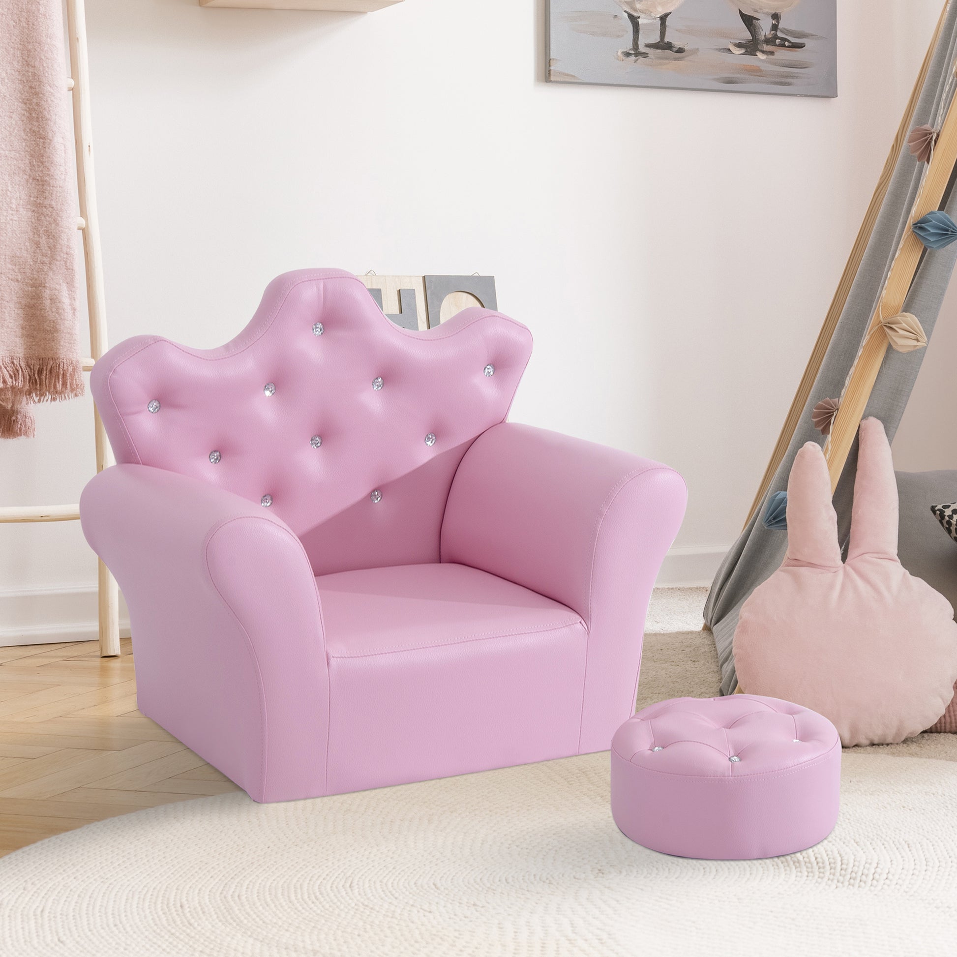 Kids Sofa Set, Children'S Upholstered Sofa With Footstool, Princess Sofa With Diamond Decorations, Baby Sofa Chair For Toddlers, Girls, Pink Pink Wood