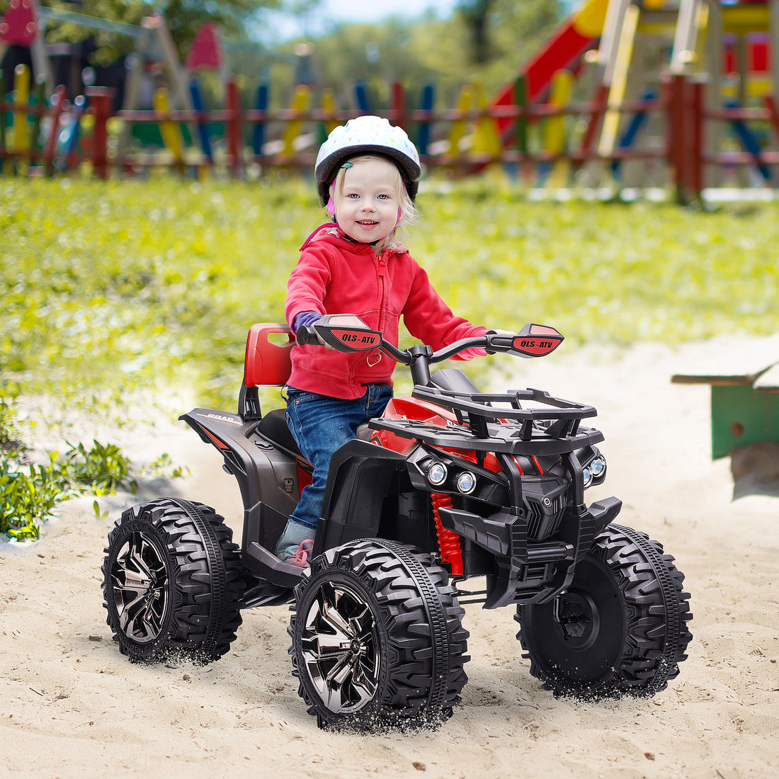 12V Kids Atv Ride On Four Wheeler Toy Car With Music, Realistic Headlights, Wide Wheels, Rechargeable Battery Powered, For Boys And Girls, Red Red Steel