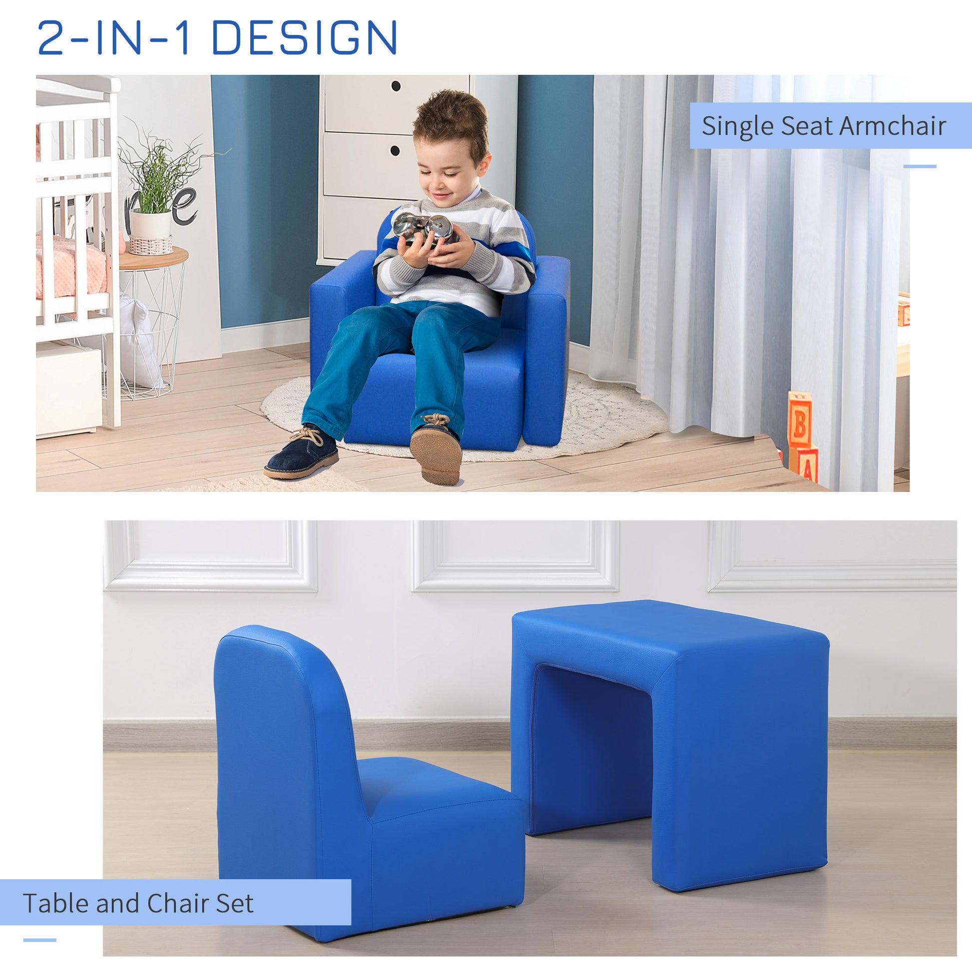 2 In 1 Multifunctional Kids Sofa Convertible Table And Chair Set For 3 Years Old Boys Girls, Blue Blue Wood