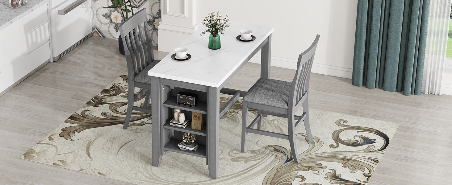 3 Piece Counter Height Dining Table Set With Built In Storage Shelves, One Faux Marble Top Dining Table And 2 Counter Chairs With Footrest,Grey Grey Mdf