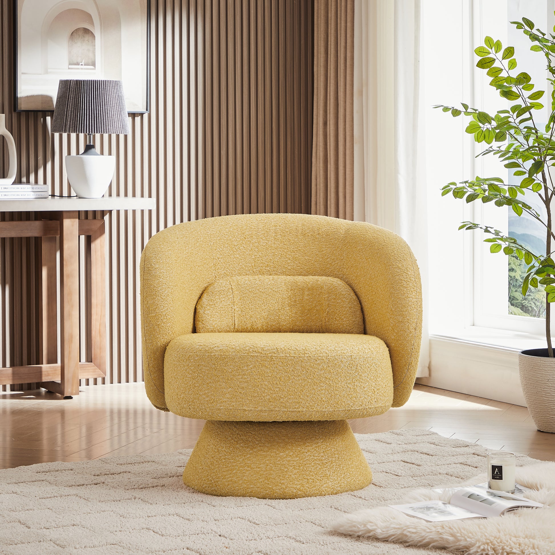 360 Degree Swivel Sherpa Accent Chair Modern Style Barrel Chair With Toss Pillows For Home Office, Living Room, Bedroom, Yellow Yellow Primary Living Space Foam Fabric