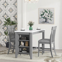 3 Piece Counter Height Dining Table Set With Built In Storage Shelves, One Faux Marble Top Dining Table And 2 Counter Chairs With Footrest,Grey Grey Mdf